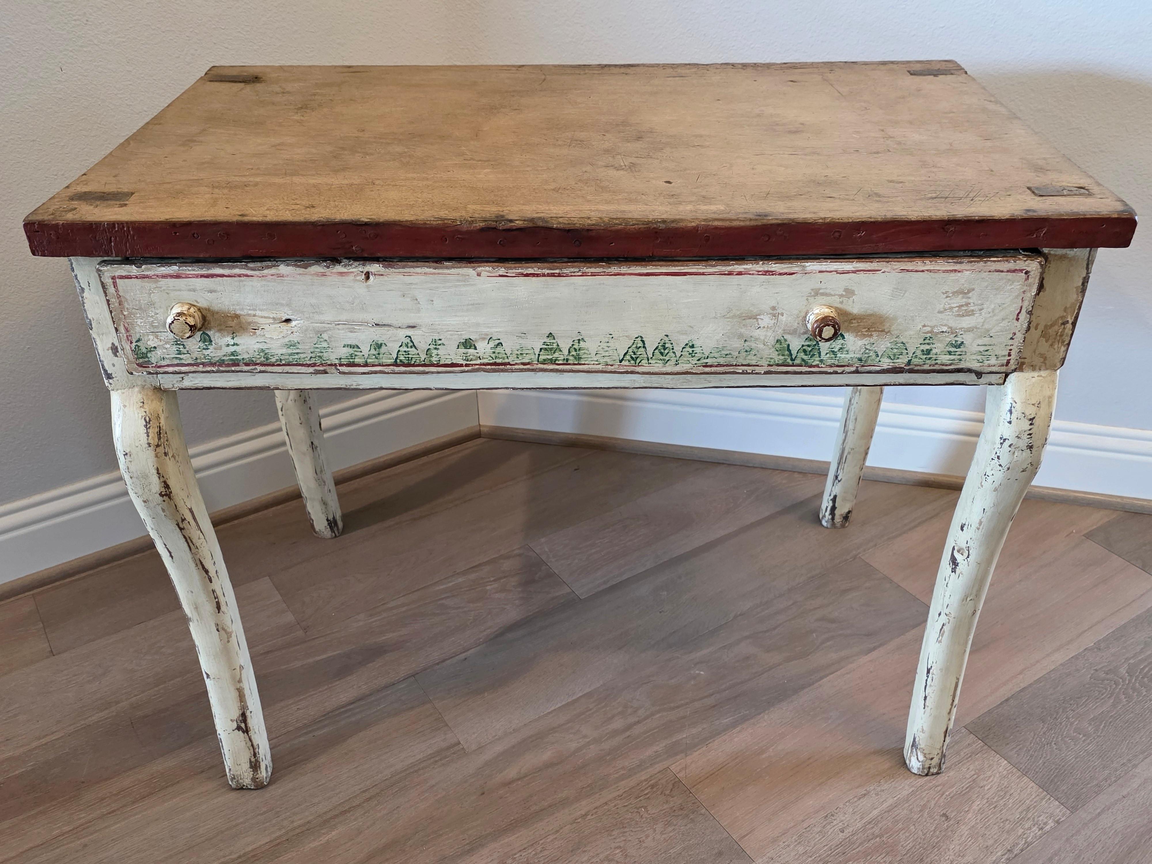 Hand-Carved 17th Century Swedish Paint Decorated Pine Single Drawer Table For Sale