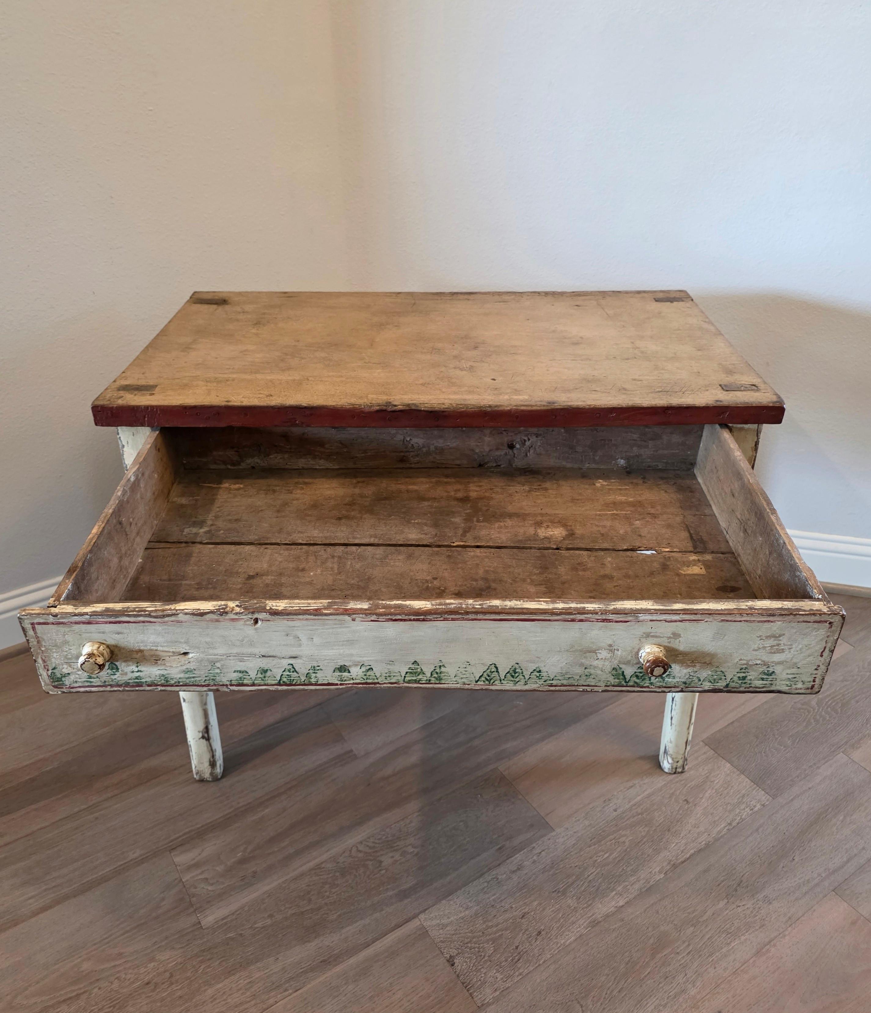 Wood 17th Century Swedish Paint Decorated Pine Single Drawer Table For Sale