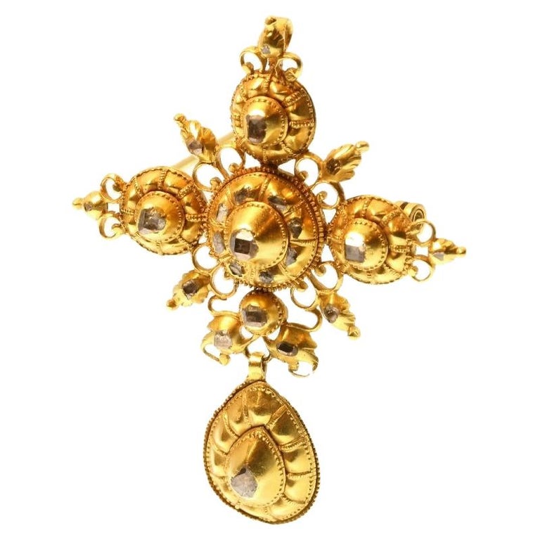 17th Century Table Cut Diamond 18 Karat Yellow Gold Cross Pendant ...