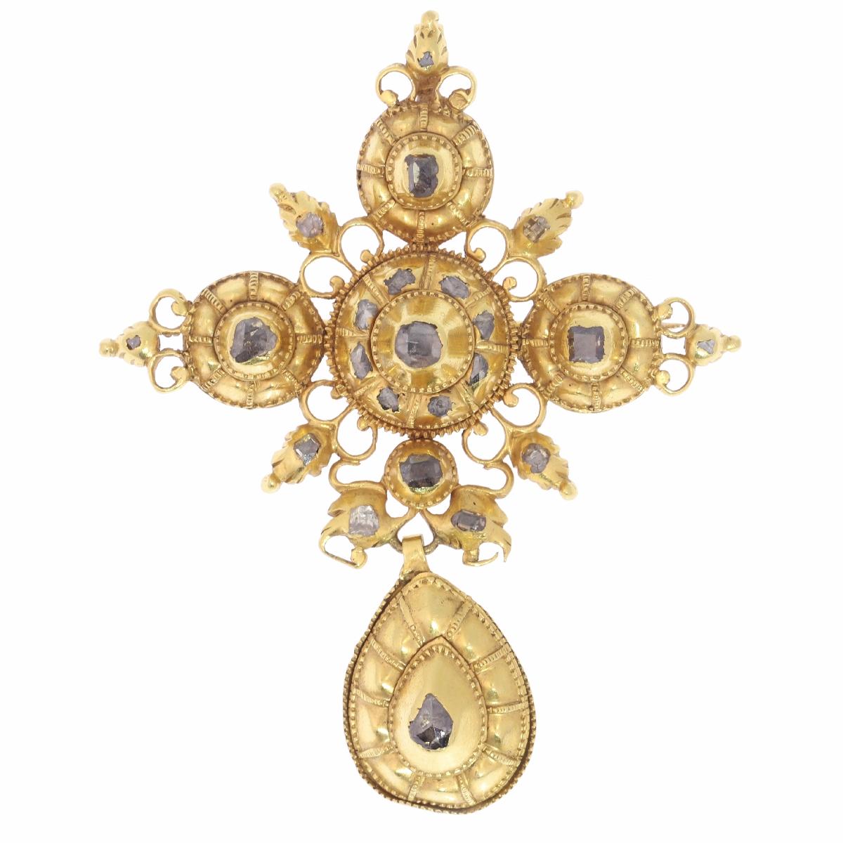 17th Century Table Cut Diamond 18 Karat Yellow Gold Cross Pendant Brooch For Sale