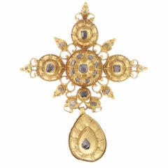 Antique 17th Century Table Cut Diamond 18 Karat Yellow Gold Cross Pendant Brooch