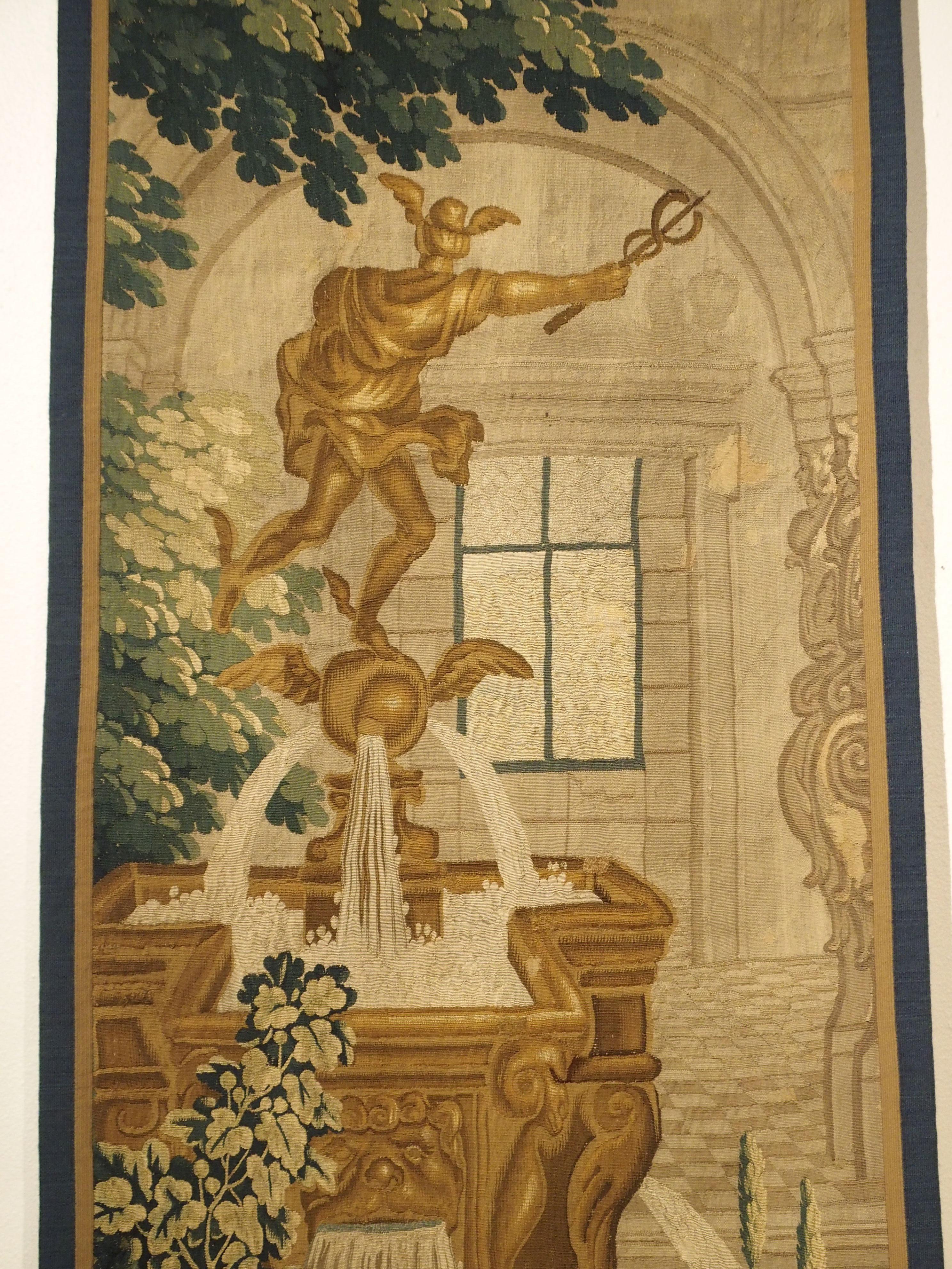 Fountain and Architecture

This narrow silk and wool tapestry fragment dates to the 1600s and is from Brussels. It is depicting a statue of the Greek God, Hermes (Mercury to the Romans) who was the messenger to the Gods. He is perched upon a