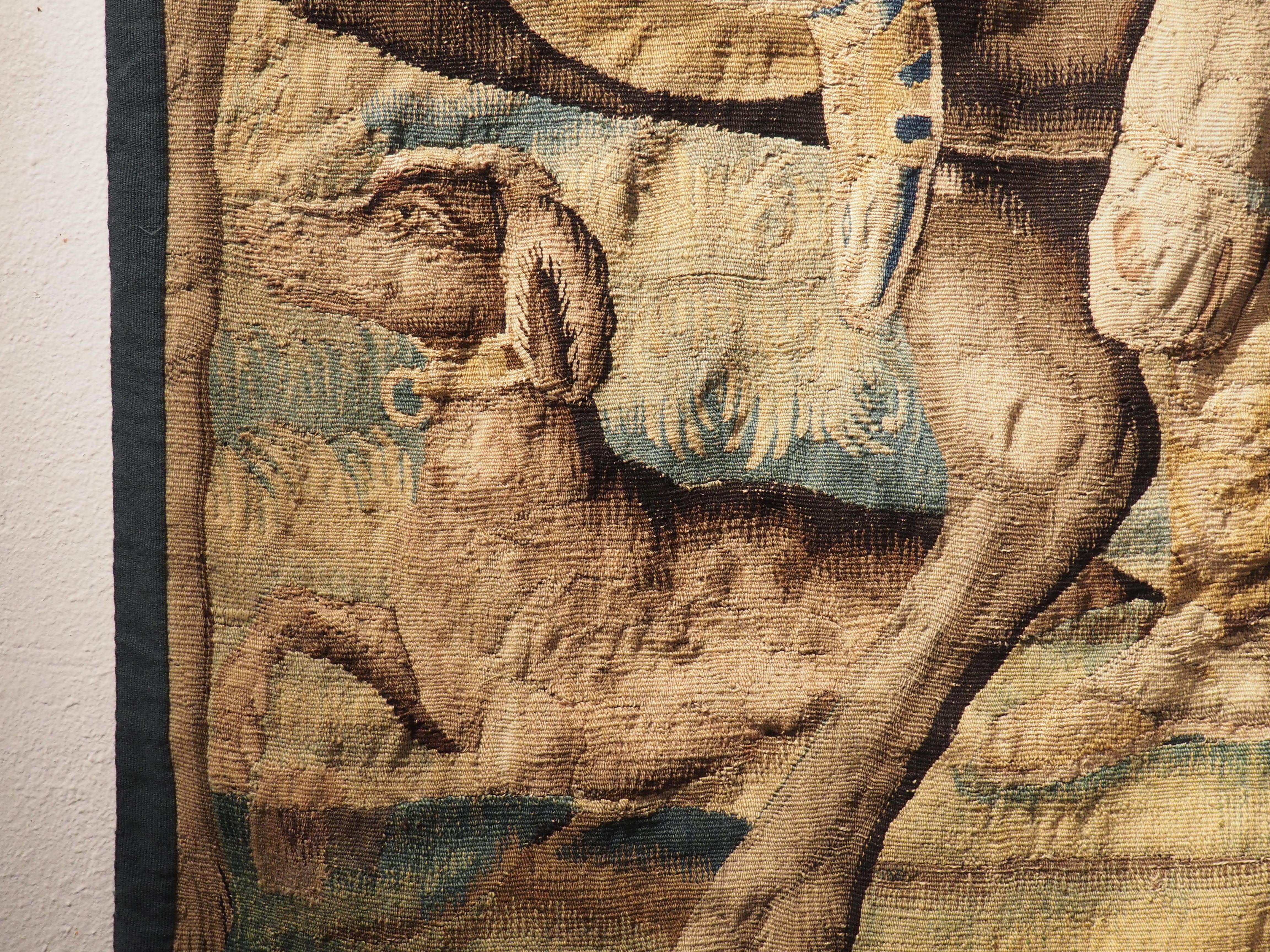Based on a Biblical excerpt that tells the story of when Mary and Joseph fled to Egypt with an infant Jesus, this scene is a fragment of a larger Flemish hand-woven tapestry from the 1600’s. Despite being around 400 years old, the silk and wool