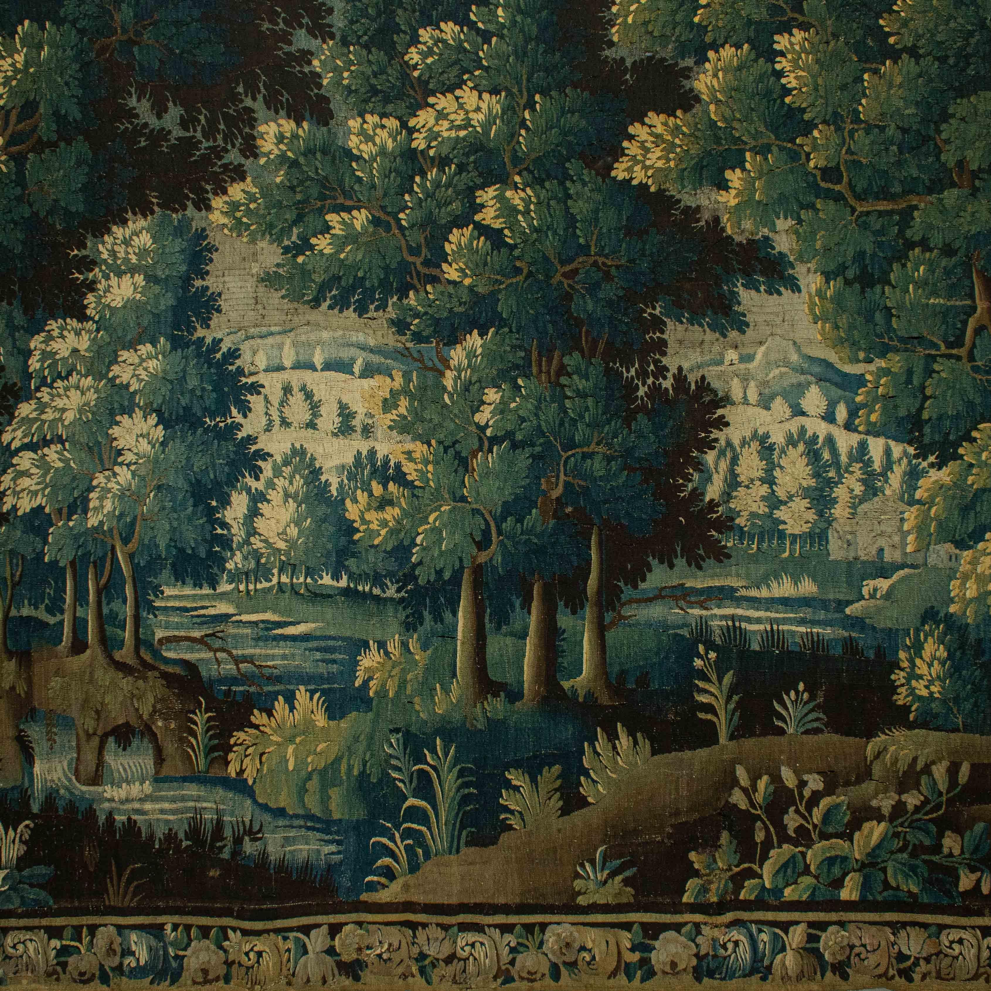 Silk 17th Century Tapestry with Landscape Aubusson Manufacture
