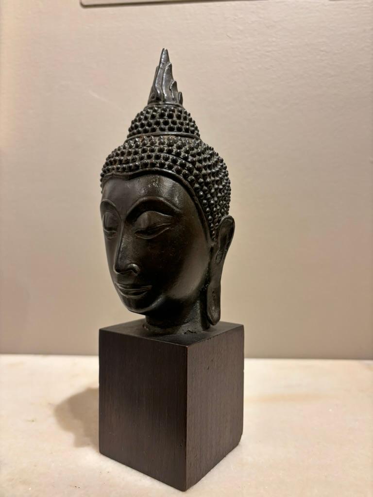 Testa di Buddha in bronzo tailandese, periodo Ayutthaya, fine XVI-inizio XVII secolo. Il  Il viso sereno è affiancato da lunghi lobi delle orecchie leggermente svasati sulla punta, gli occhi abbassati sotto sopracciglia dolcemente inclinate che