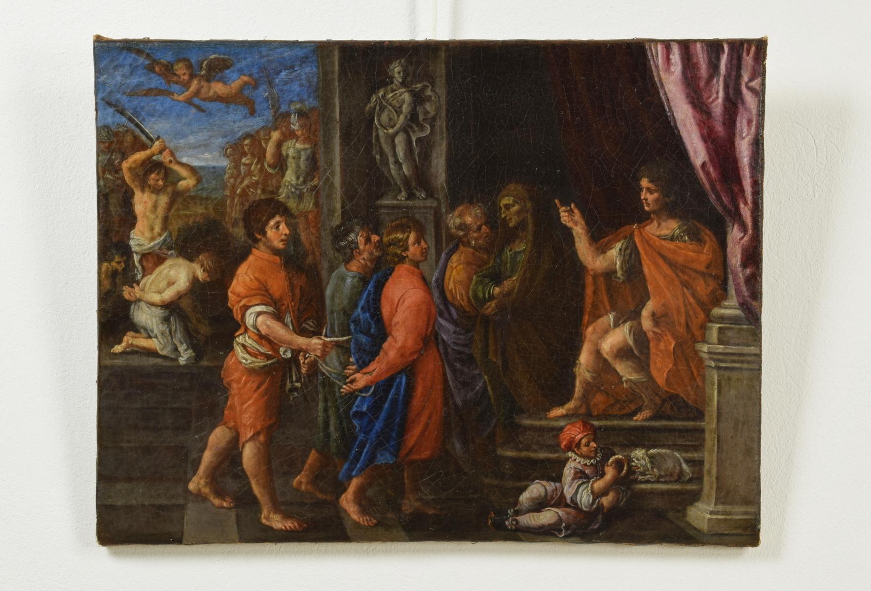 Siglo XVII, La condena y el martirio de los cuatro santos coronados por Giuliano Dinarelli 

Mediados del siglo XVII, Italia, Bolonia

Óleo sobre lienzo, bastidor 84 x 99 cm, sólo lienzo 47 x 61 cm

La pintura representa la condena y el