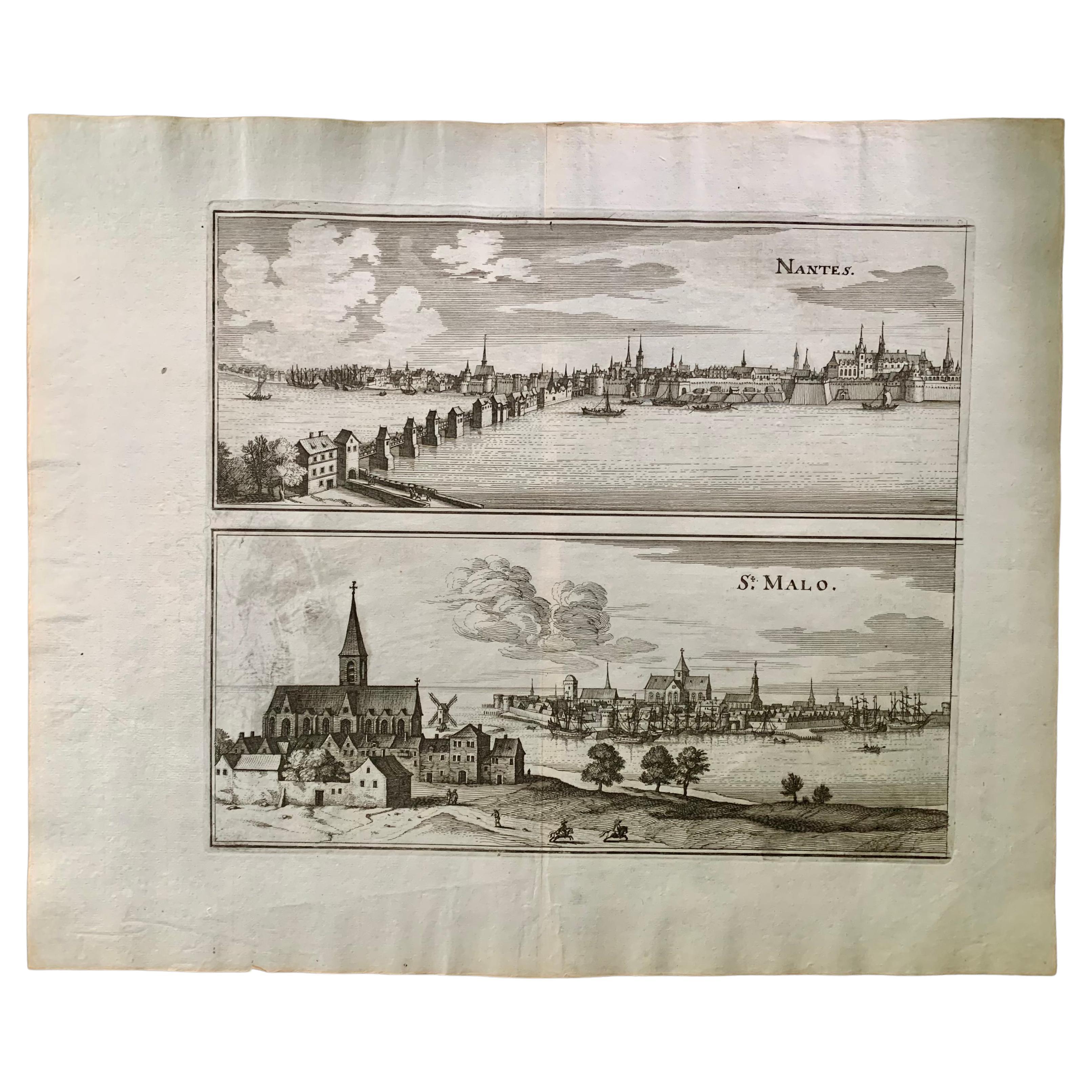 17th Century Topographical Engraving Nantes & St. Malo, France, by Iohan Peeters For Sale