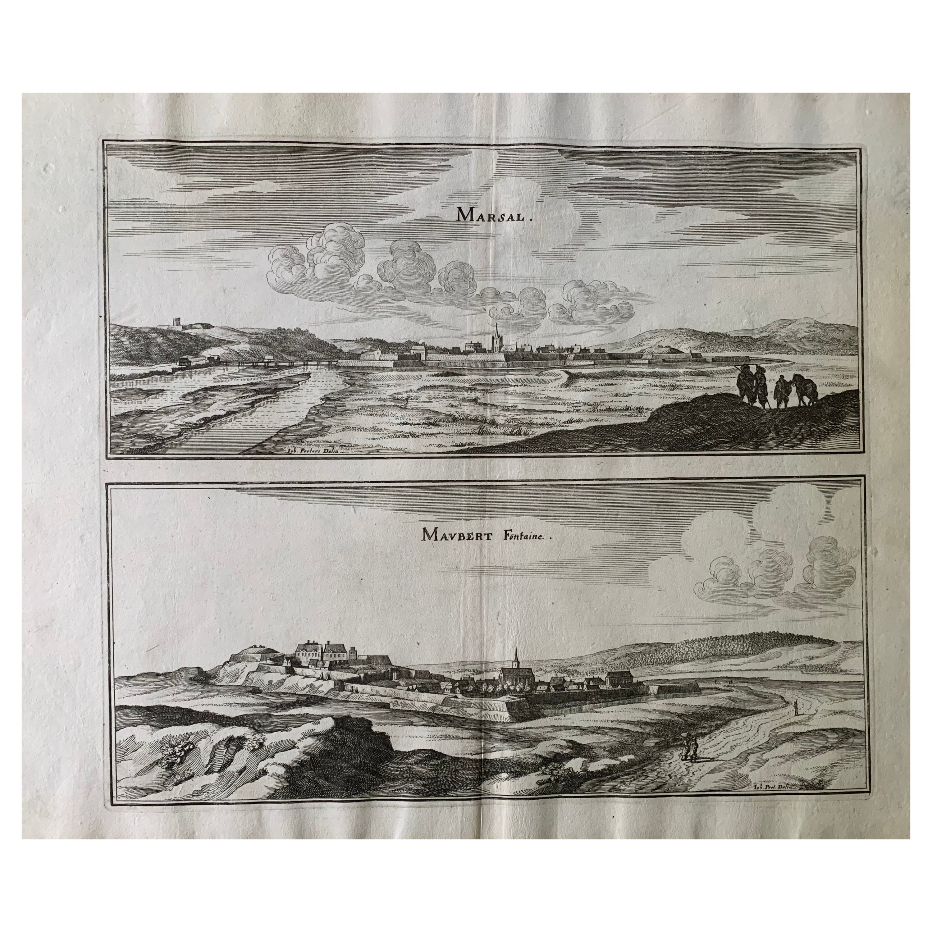 Mapa topográfico del siglo XVII, Champaña-Ardenas, Marsal, Maubert Iohan Peeters