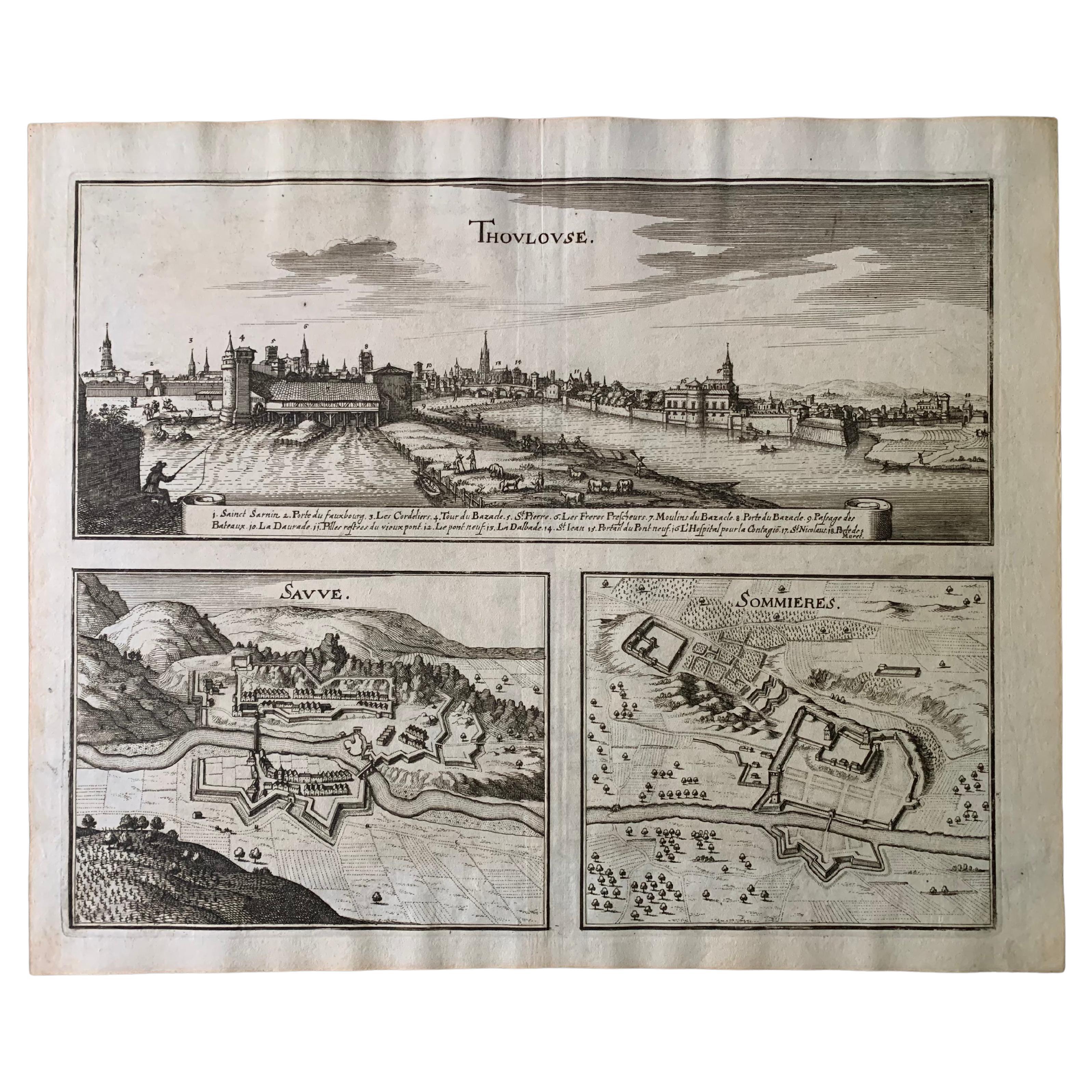 17th Century Toulouse, Savve, Sommieres Topographical Map by Iohan Peeters For Sale