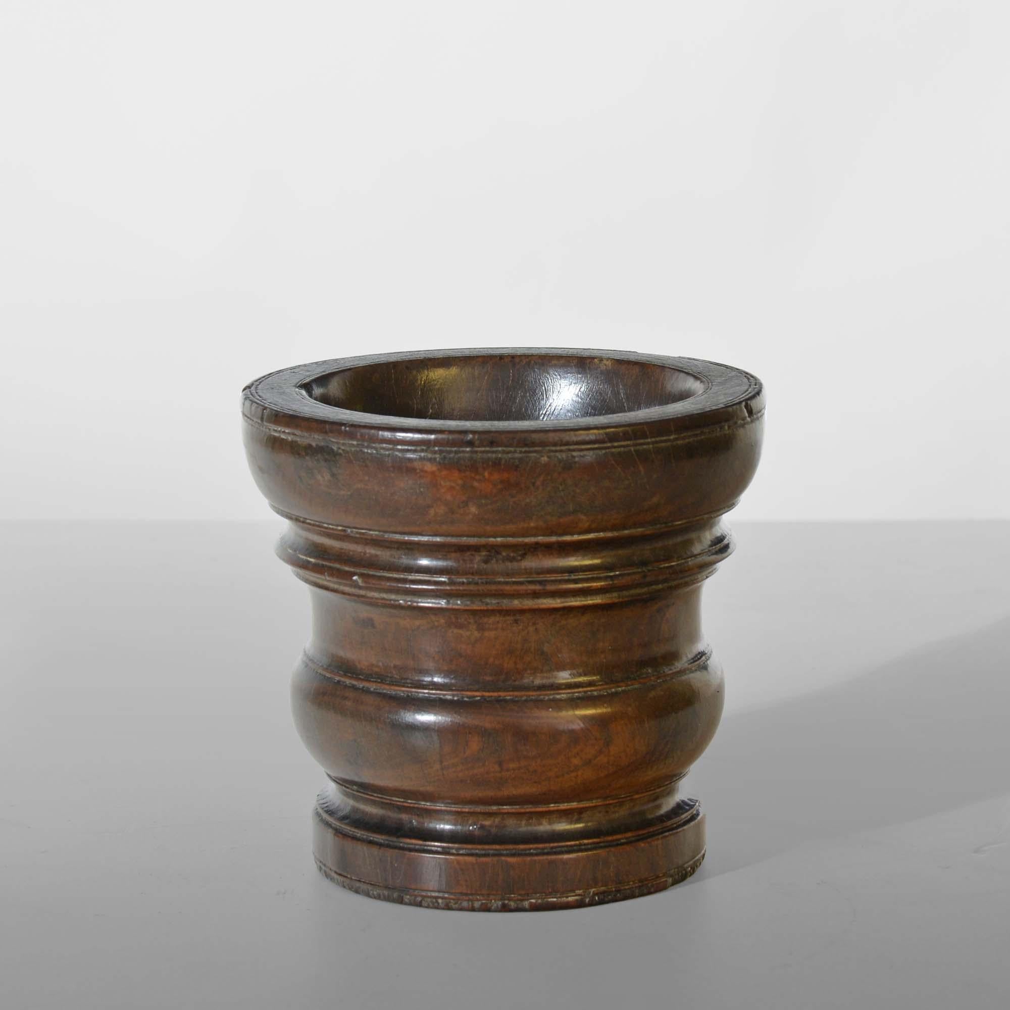 Wood 17th century turned lignum-vitae mortar For Sale