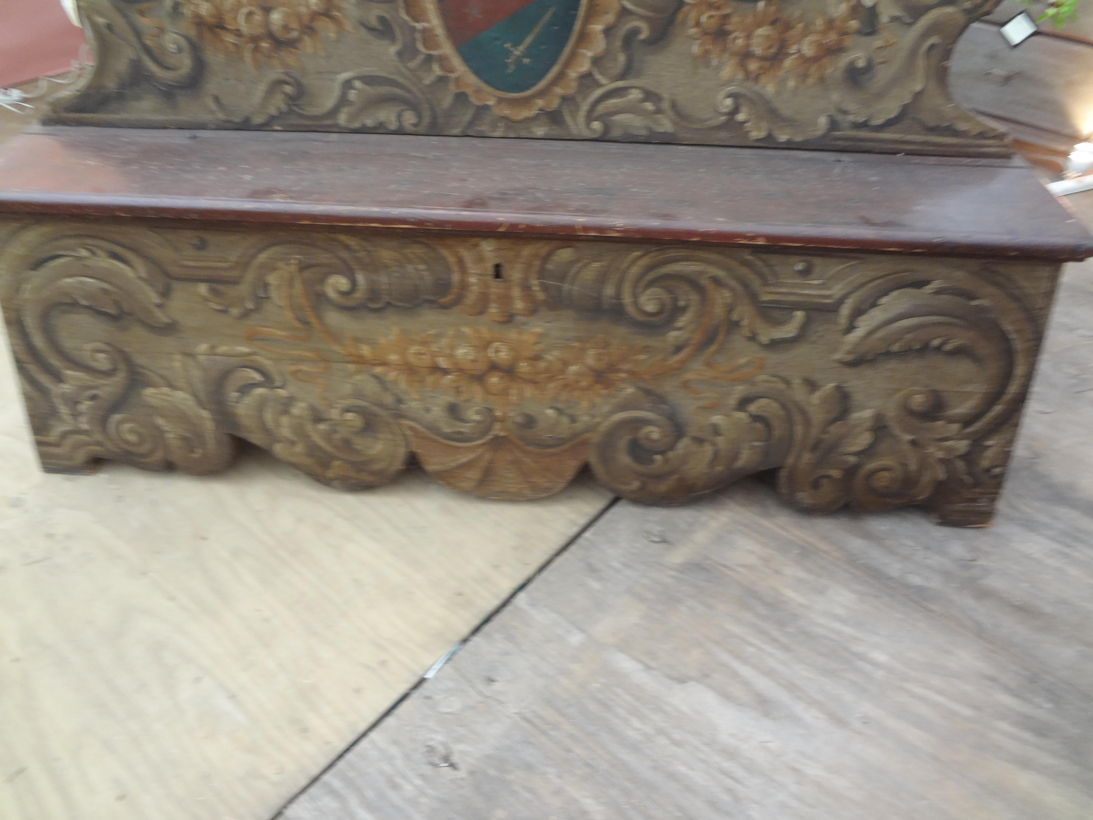 Wood 17th Century Tuscan Cassapanca or Bench with a Family Crest