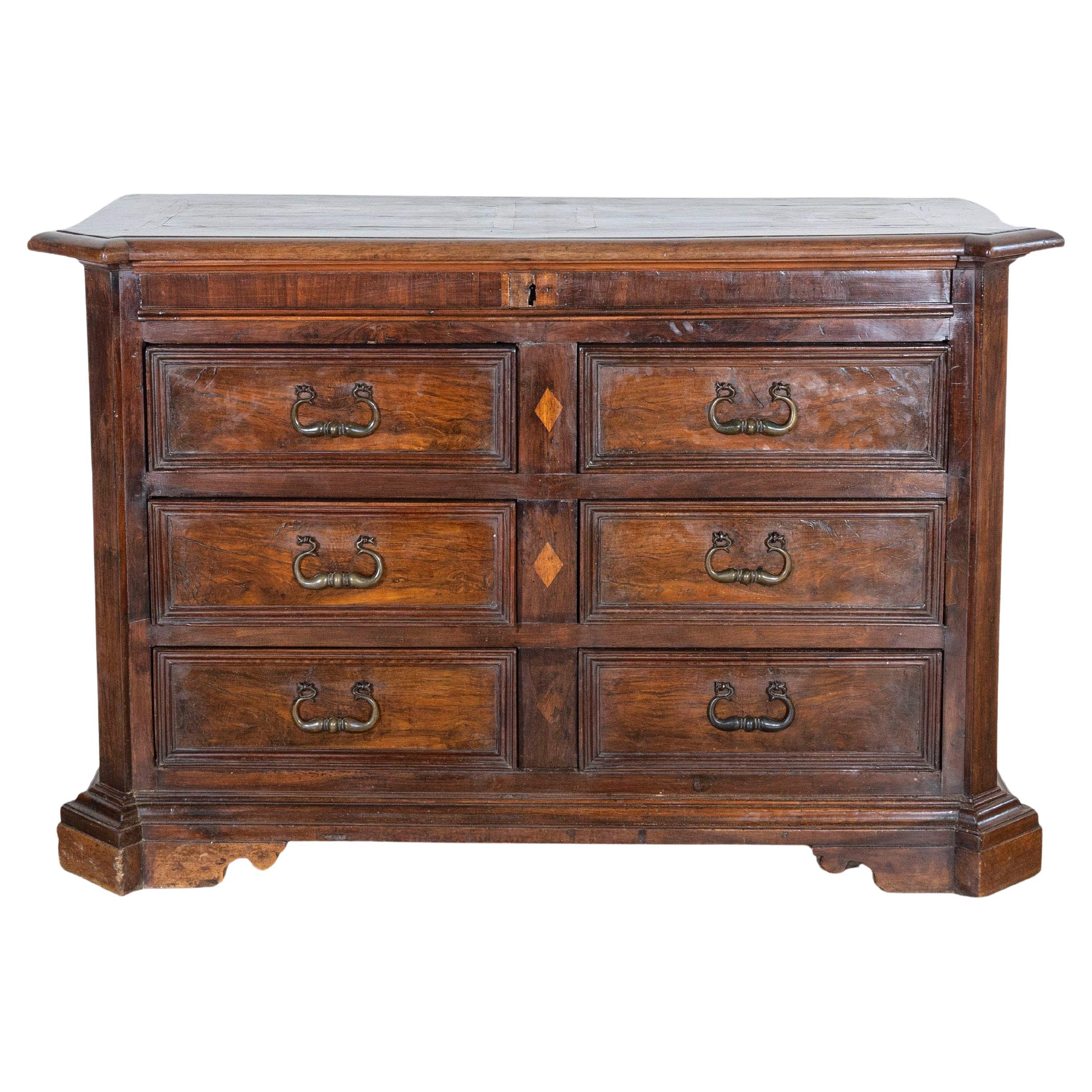 17th-Century Tuscan Walnut Chest of Drawers with Maple Inlay For Sale