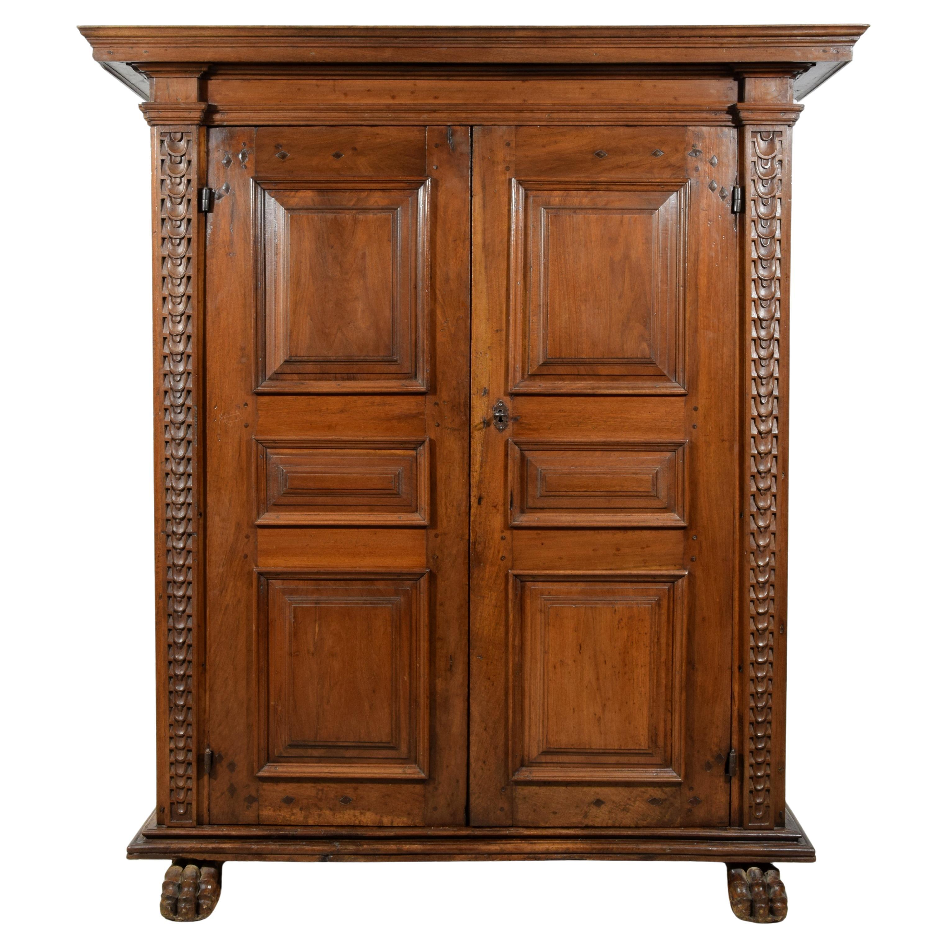 17th Century, Tuscany Solid Walnut Carved Wardrobe