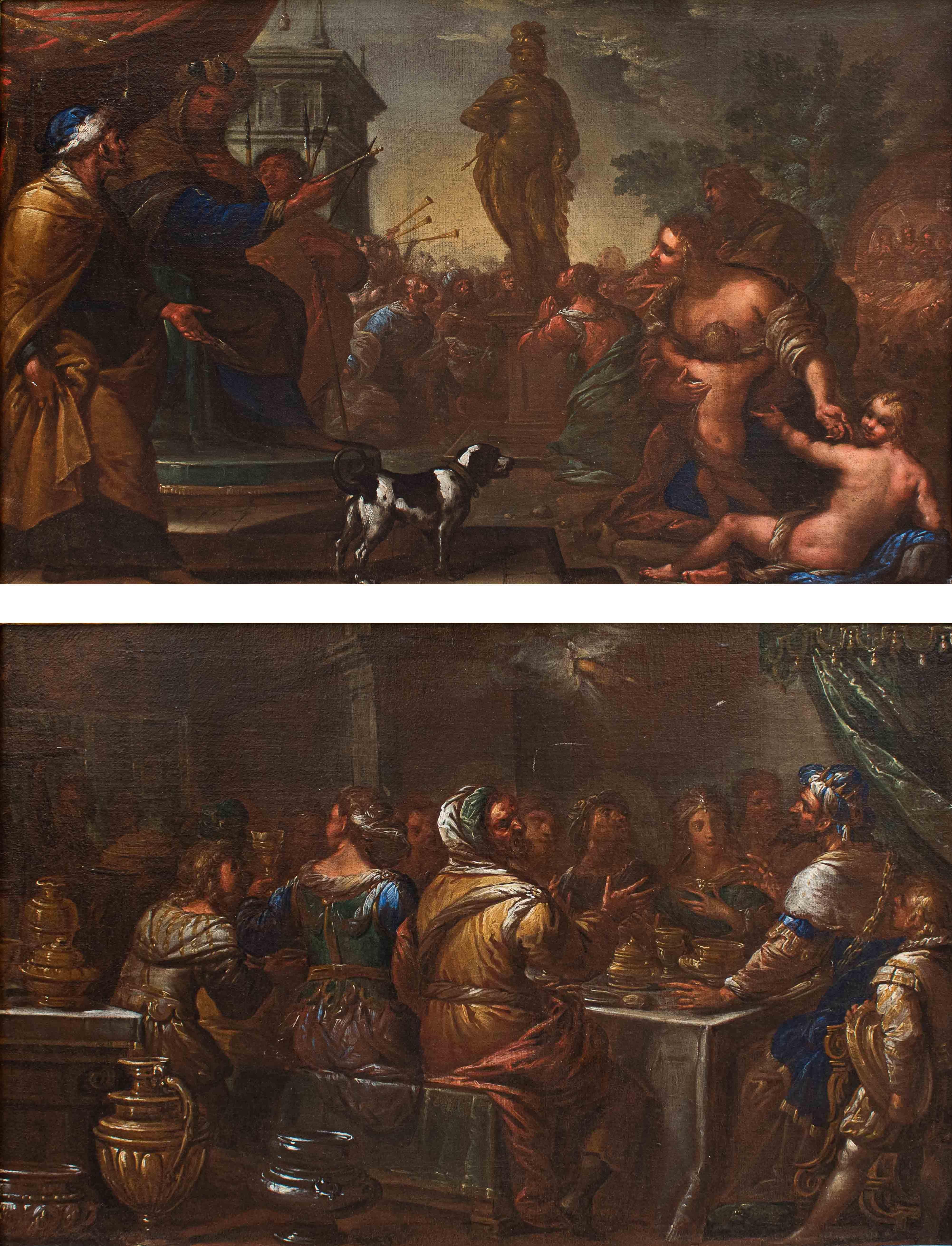 Ercole Procaccini the Younger (Milan 1605 - 1675)
Two Biblical episodes
Oil on canvas, 60 x 85 cm

The pair of paintings in question depict two biblical episodes. The first is identifiable with Belshazzar's Banquet: Belshazzar, king of Babylon,