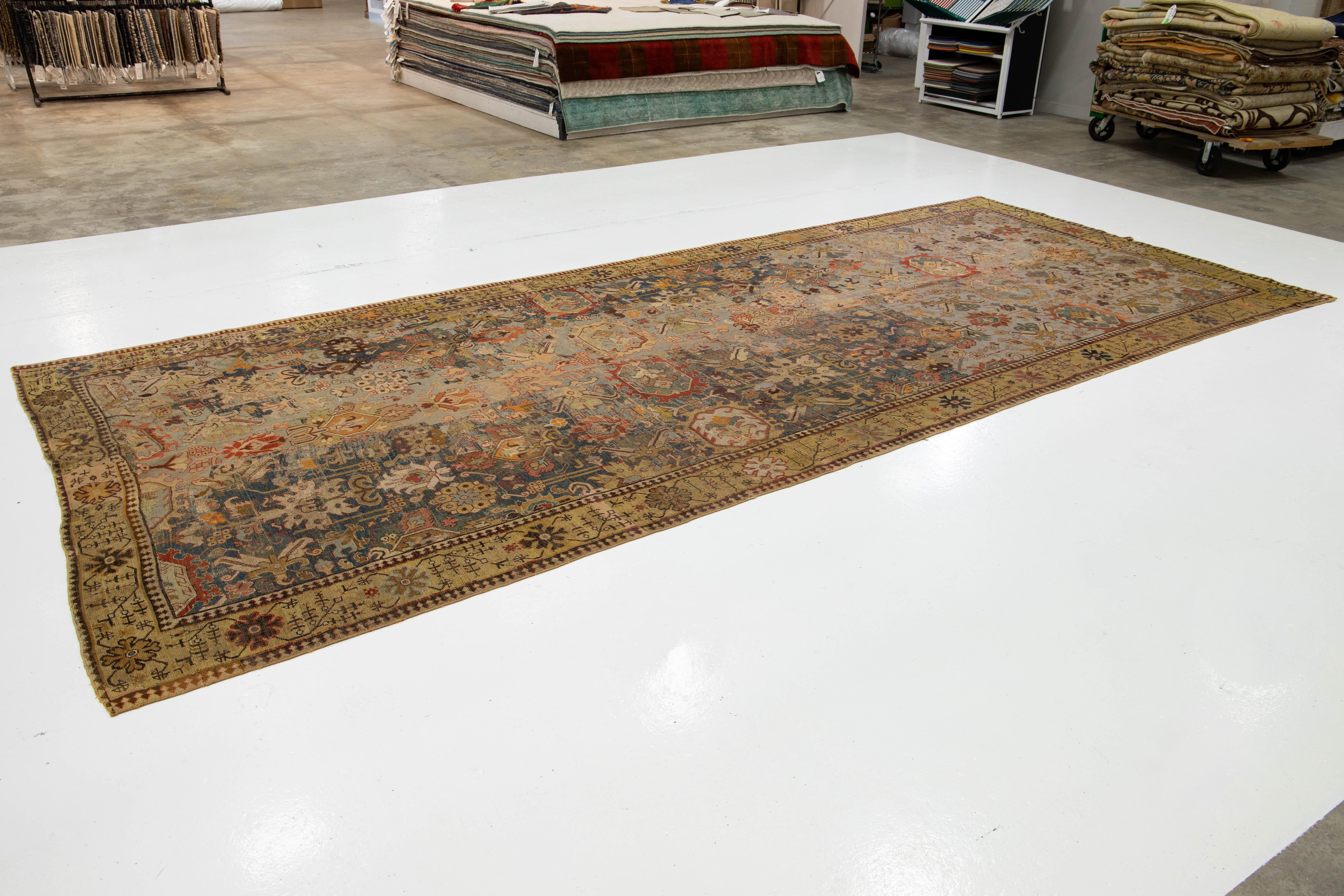 Hand-Knotted 17th Century Unique Caucasian Kuba Blue Wool Rug with All-Over Design For Sale