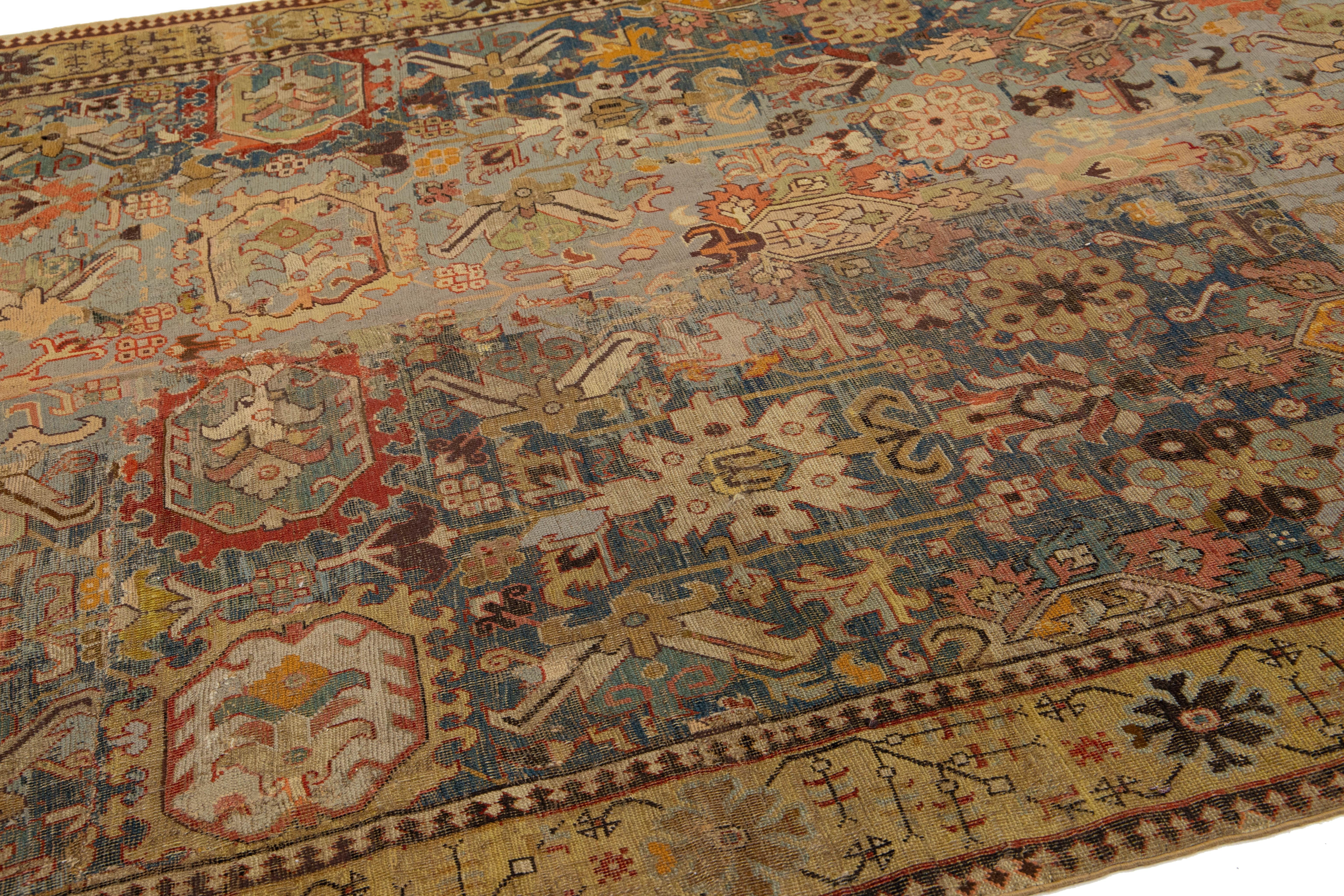 17th Century Unique Caucasian Kuba Blue Wool Rug with All-Over Design In Good Condition For Sale In Norwalk, CT