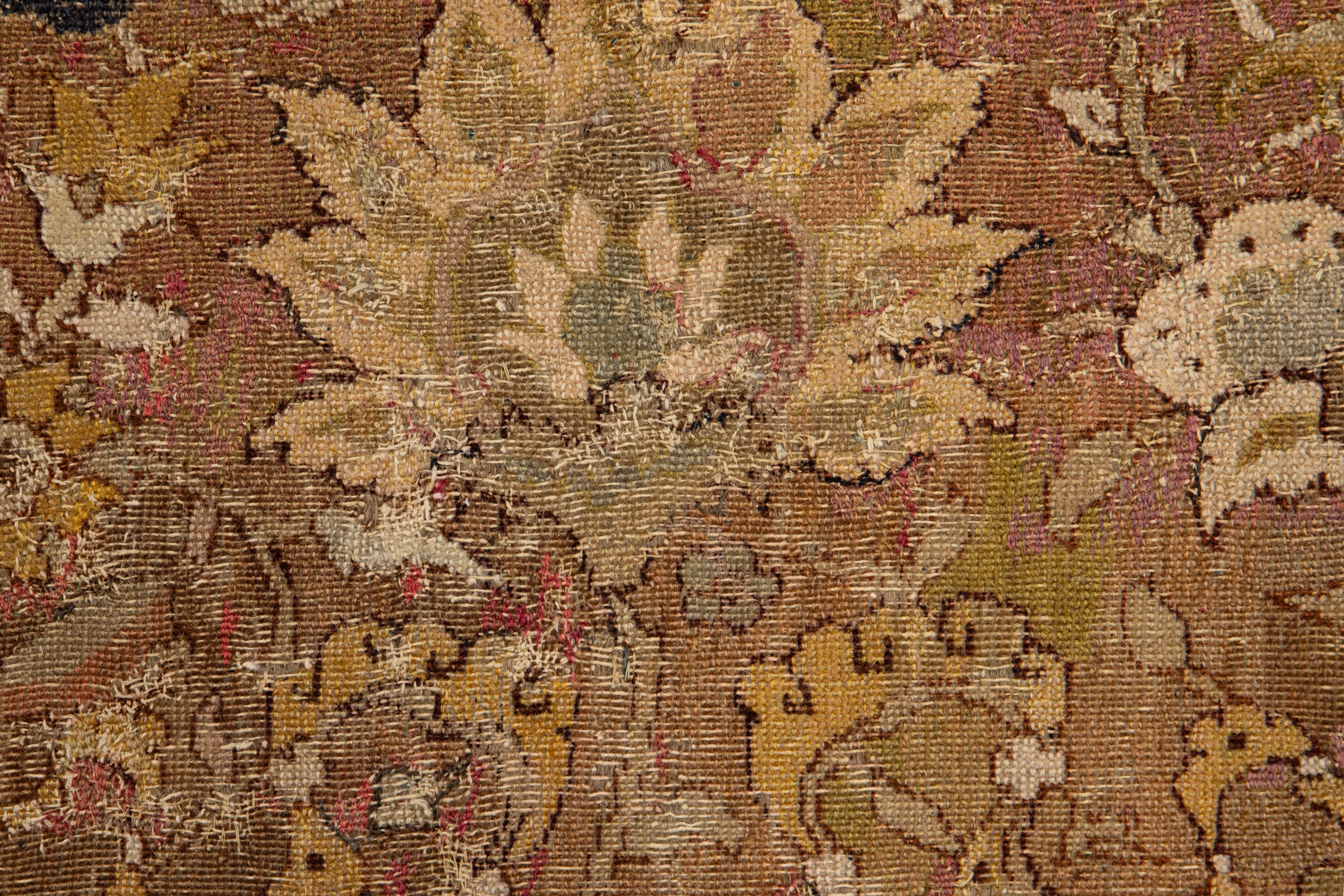 17th Century Unique Handmade Persian Isfahan Brown Wool Rug  With Floral Design For Sale 4