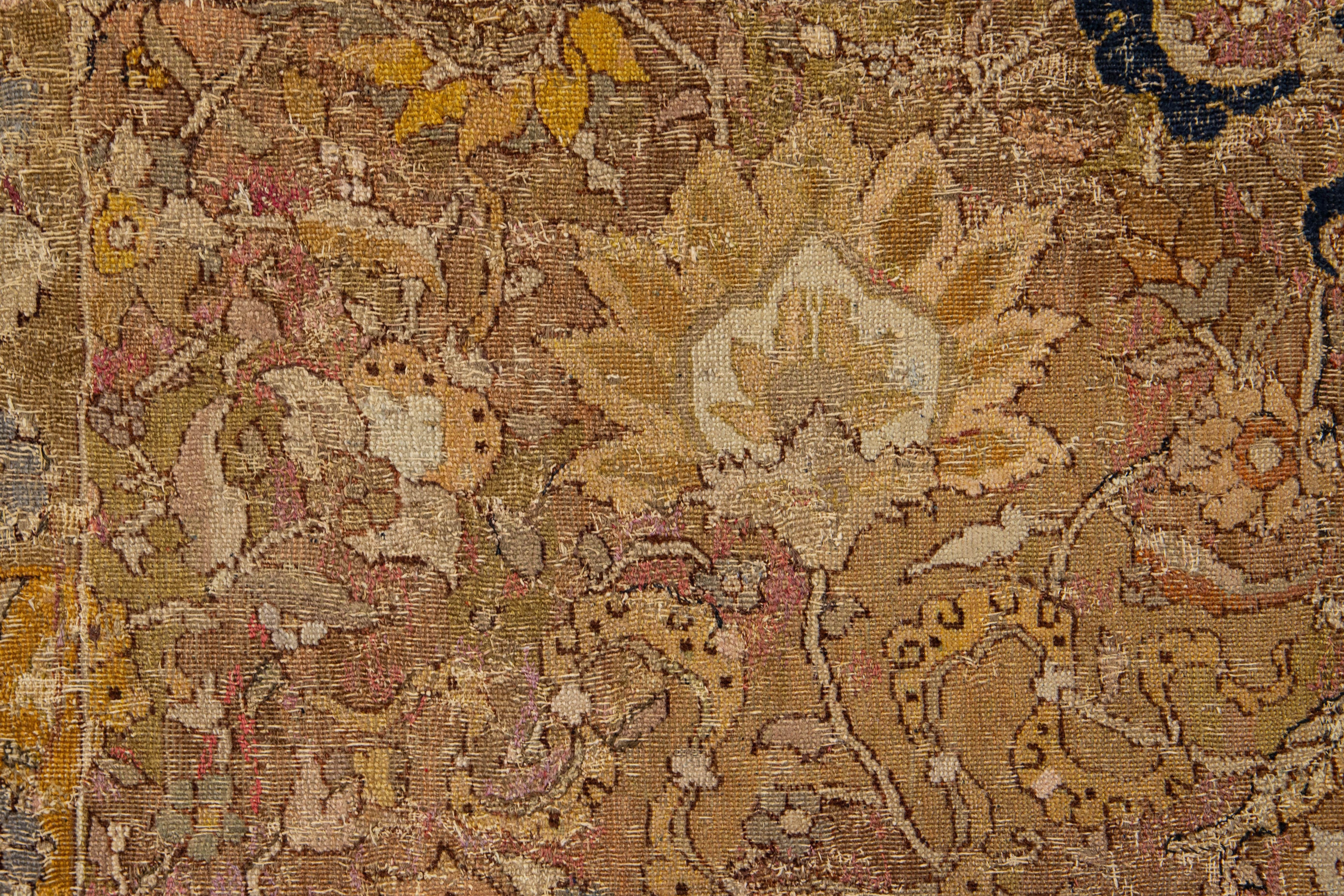 17th Century Unique Handmade Persian Isfahan Brown Wool Rug  With Floral Design For Sale 7
