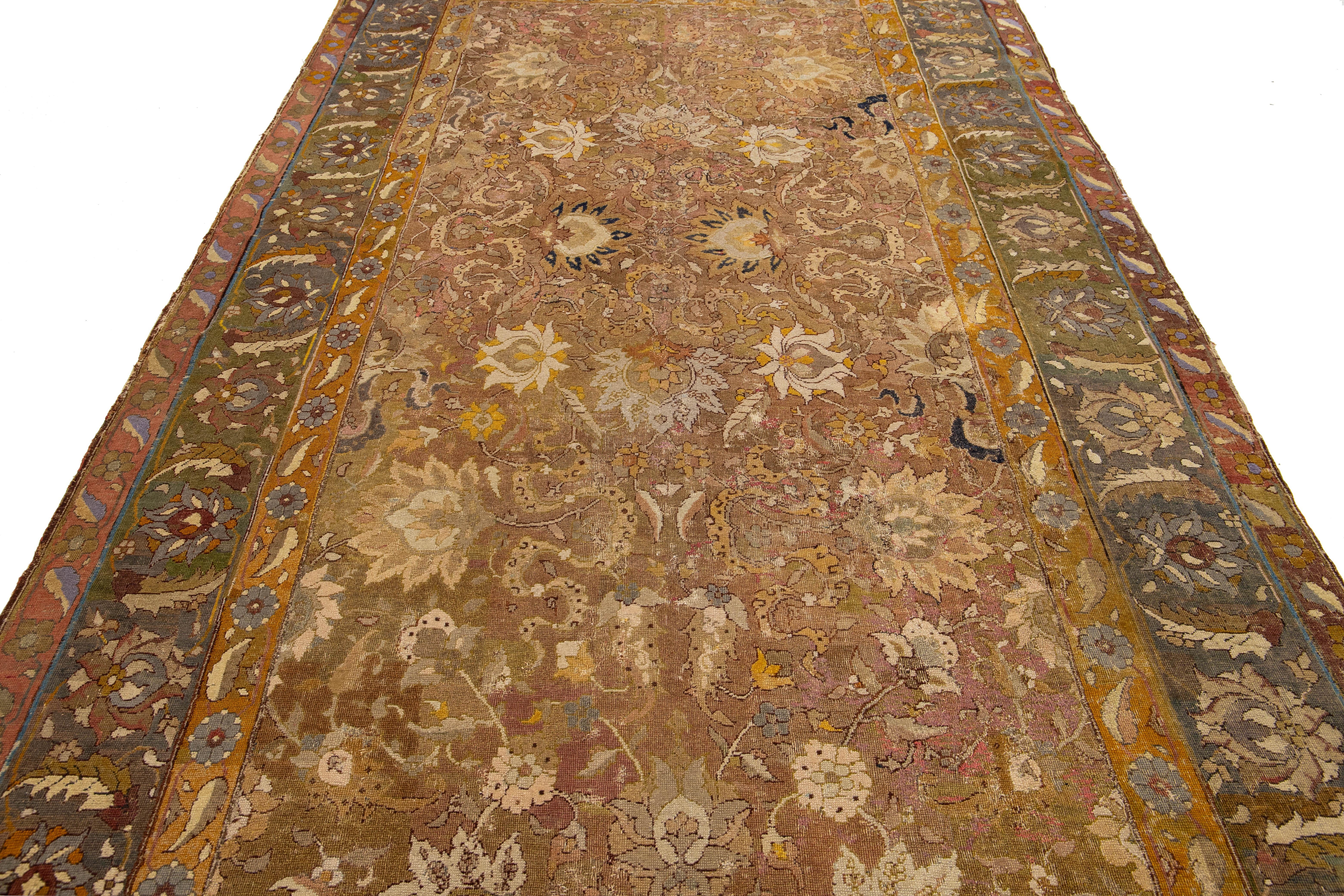 17th Century Unique Handmade Persian Isfahan Brown Wool Rug  With Floral Design For Sale 10