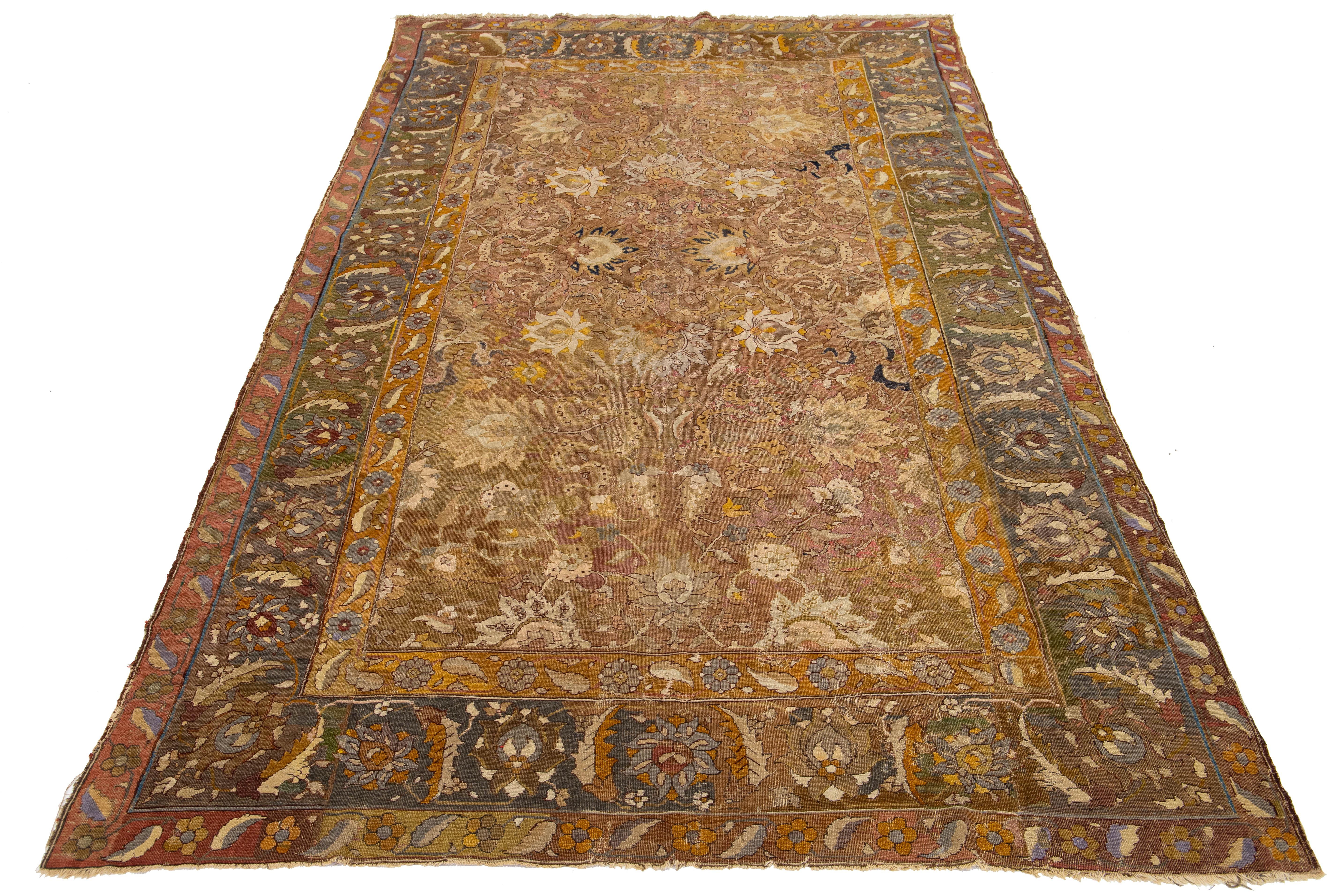 17th Century Unique Handmade Persian Isfahan Brown Wool Rug  With Floral Design For Sale 11