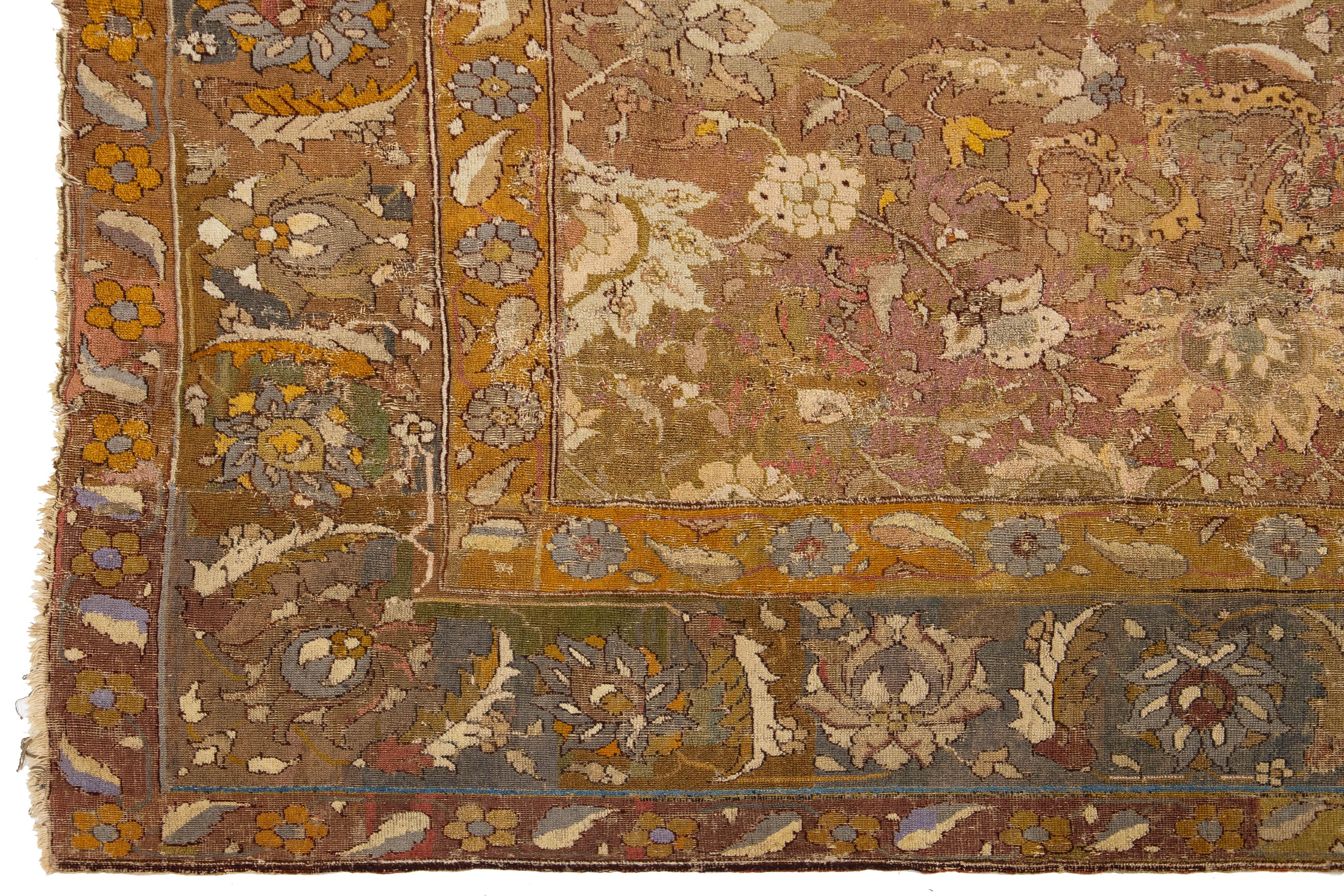 17th Century Unique Handmade Persian Isfahan Brown Wool Rug  With Floral Design For Sale 12