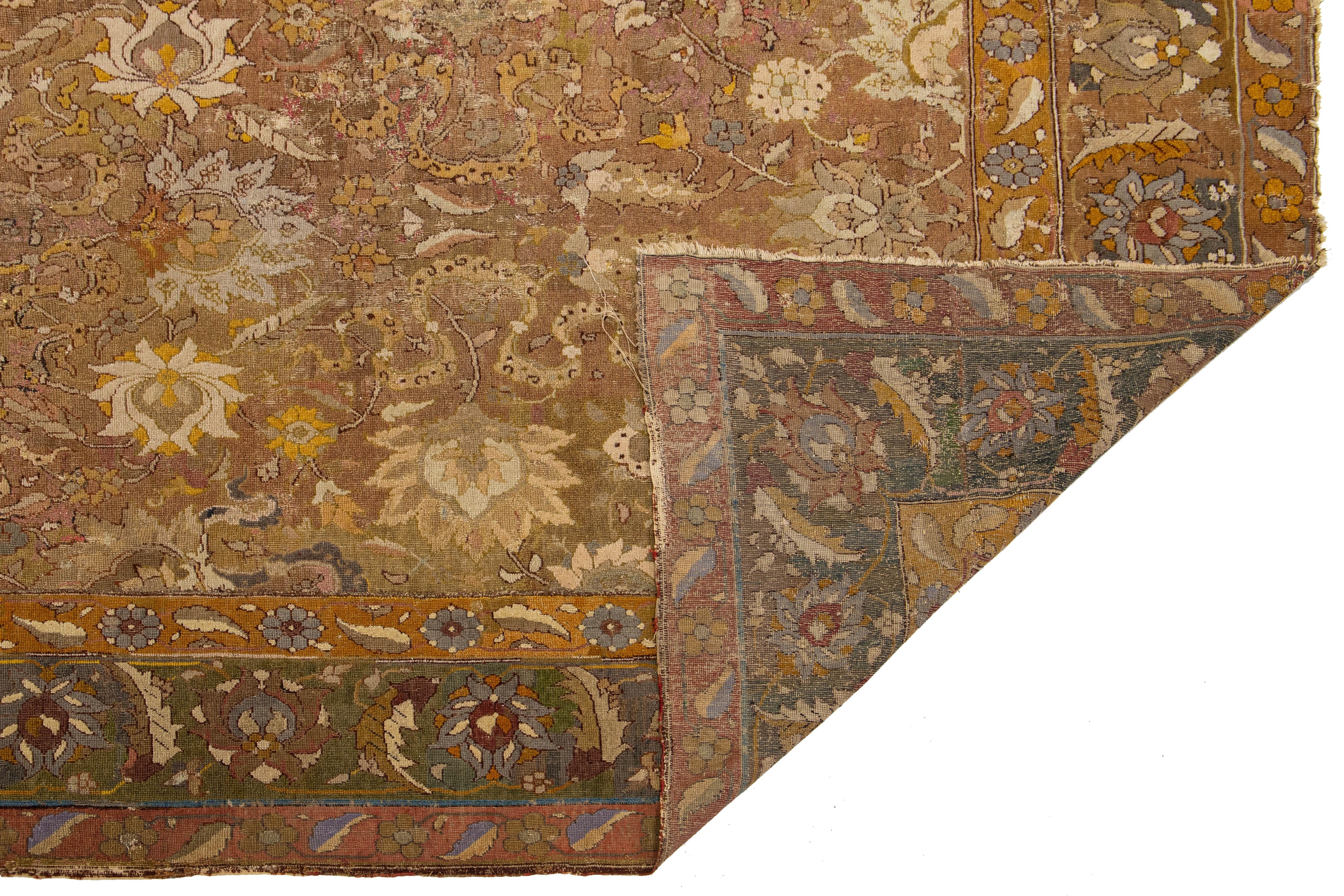 Islamic 17th Century Unique Handmade Persian Isfahan Brown Wool Rug  With Floral Design For Sale