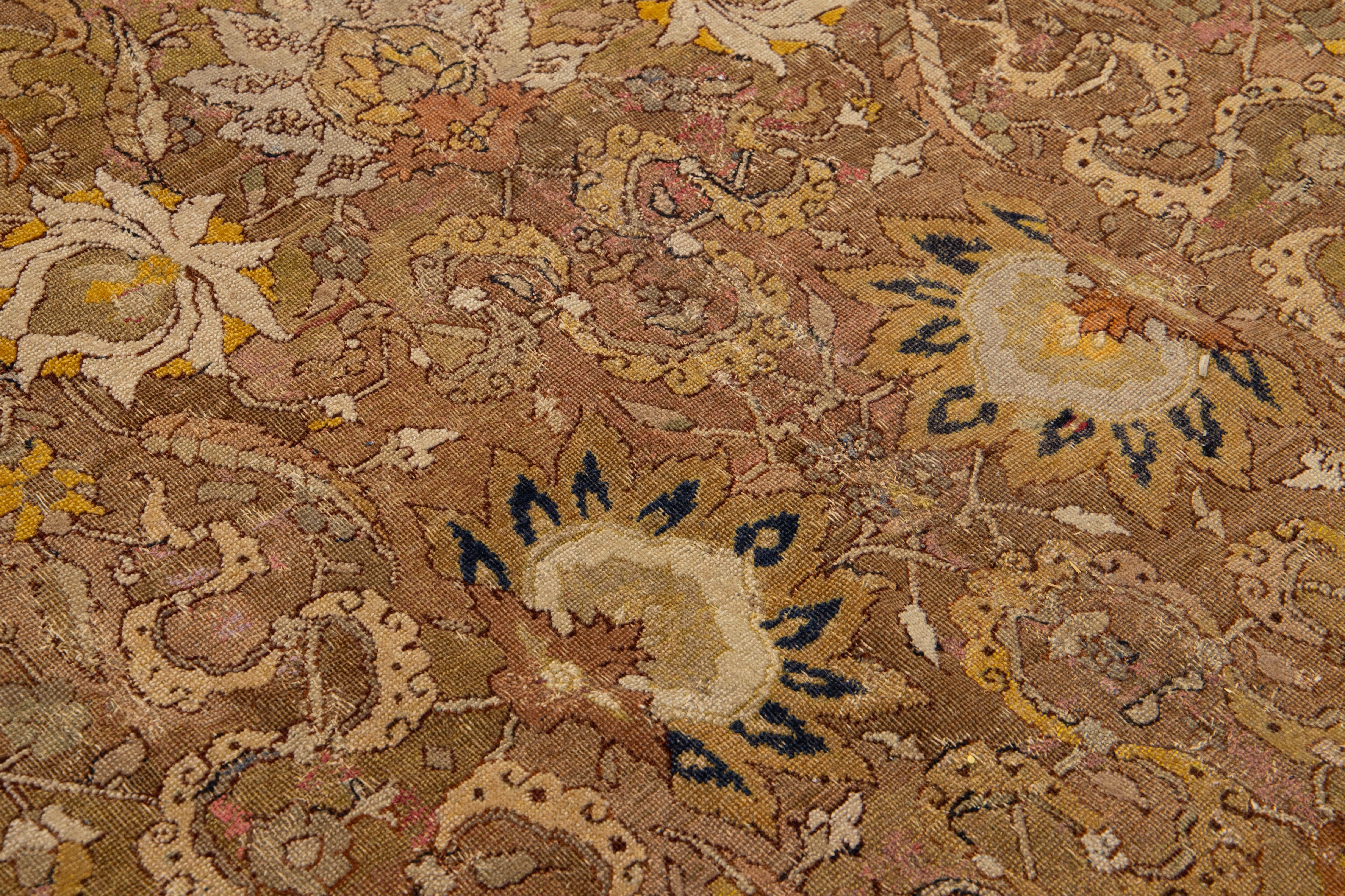 Hand-Knotted 17th Century Unique Handmade Persian Isfahan Brown Wool Rug  With Floral Design For Sale
