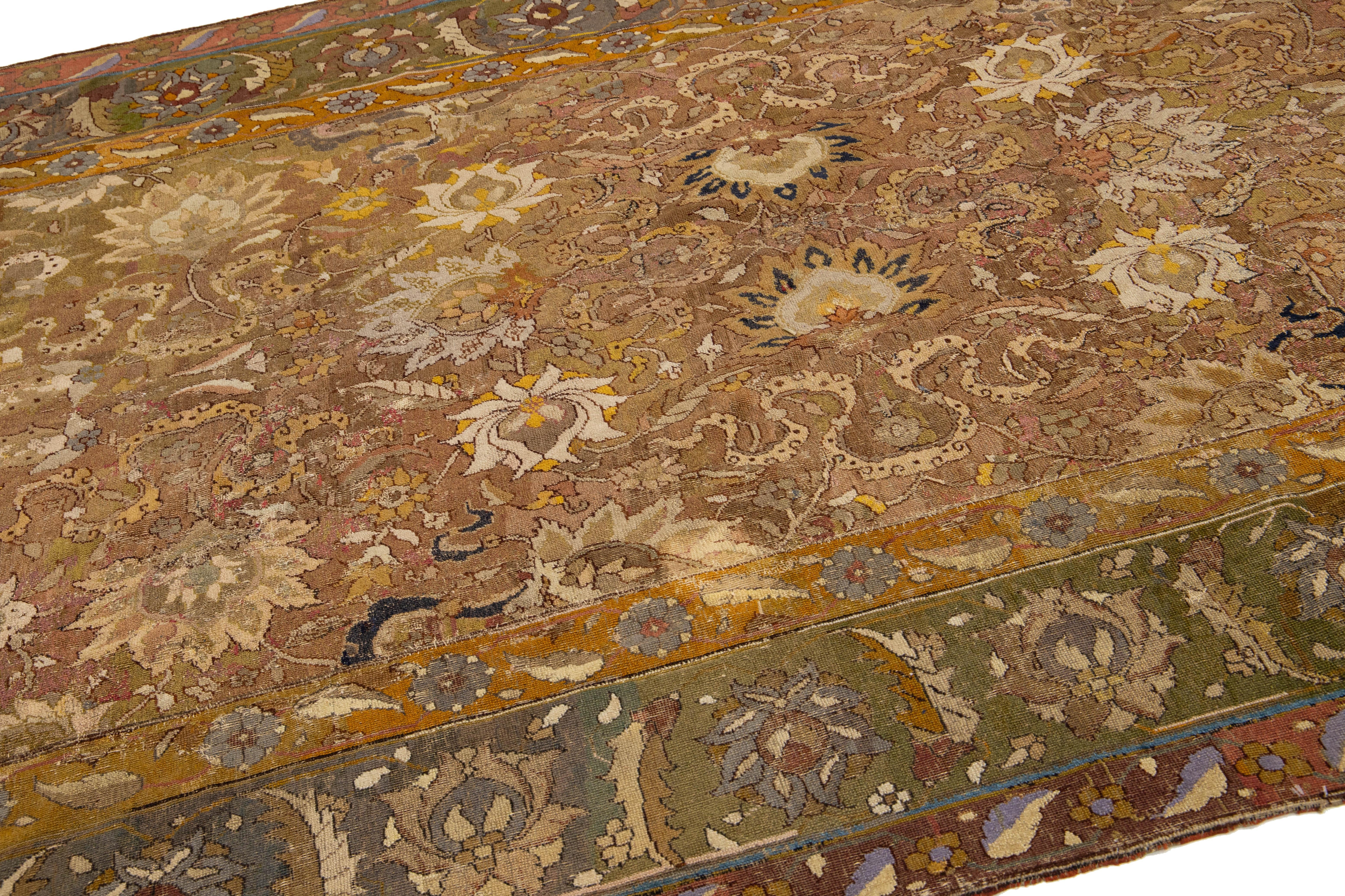 17th Century Unique Handmade Persian Isfahan Brown Wool Rug  With Floral Design In Good Condition For Sale In Norwalk, CT
