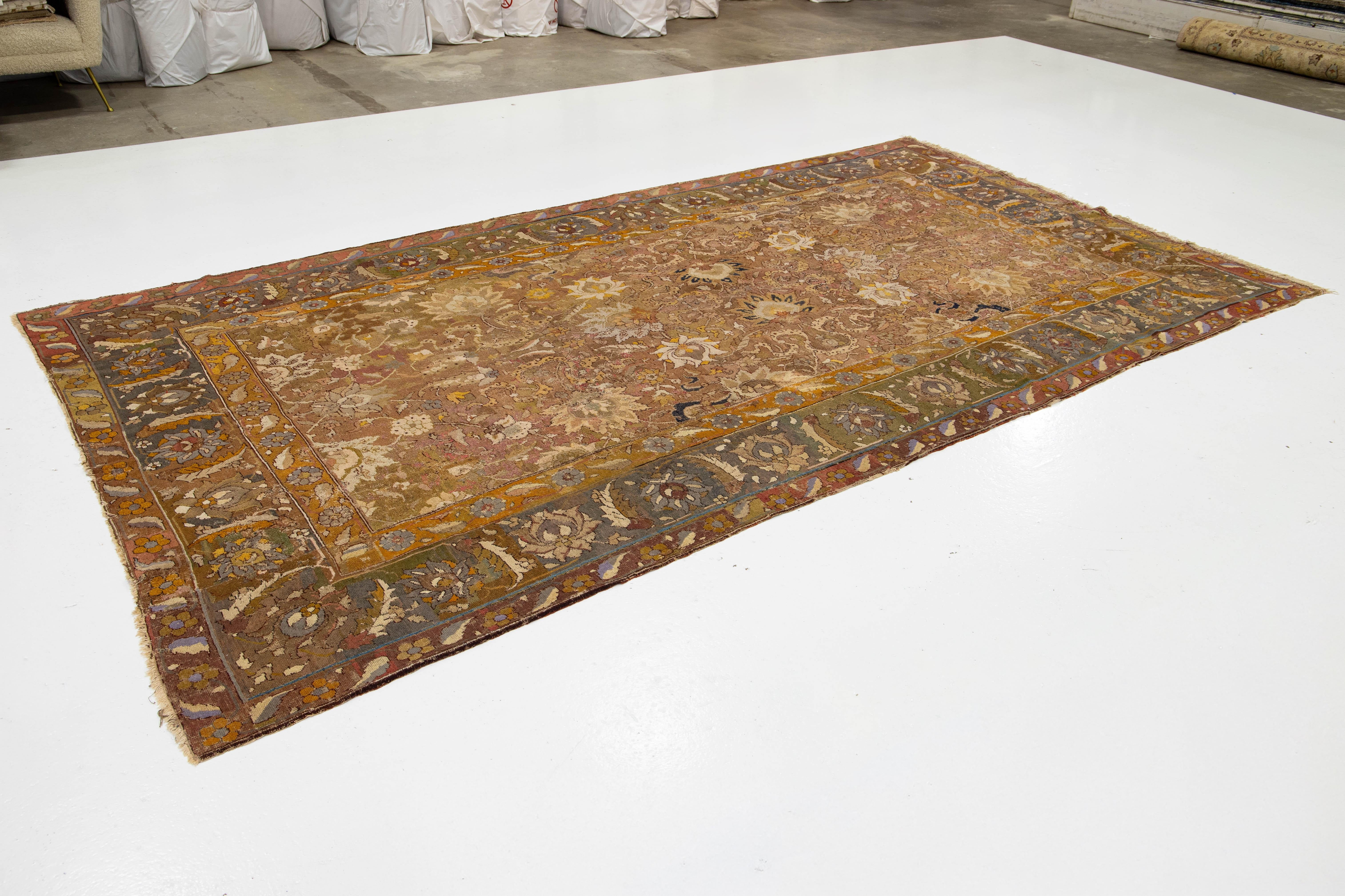 18th Century and Earlier 17th Century Unique Handmade Persian Isfahan Brown Wool Rug  With Floral Design For Sale