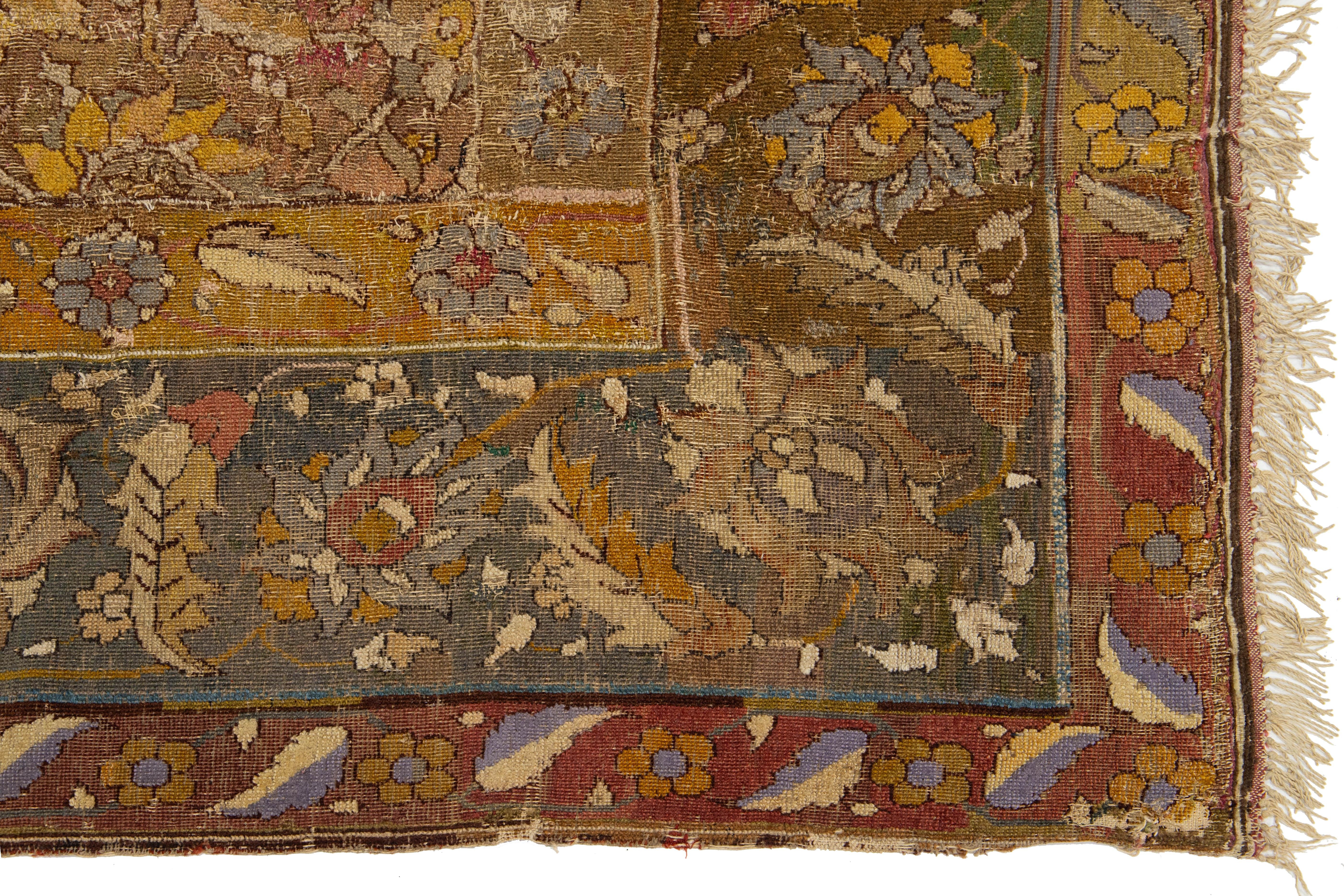 17th Century Unique Handmade Persian Isfahan Brown Wool Rug  With Floral Design For Sale 1
