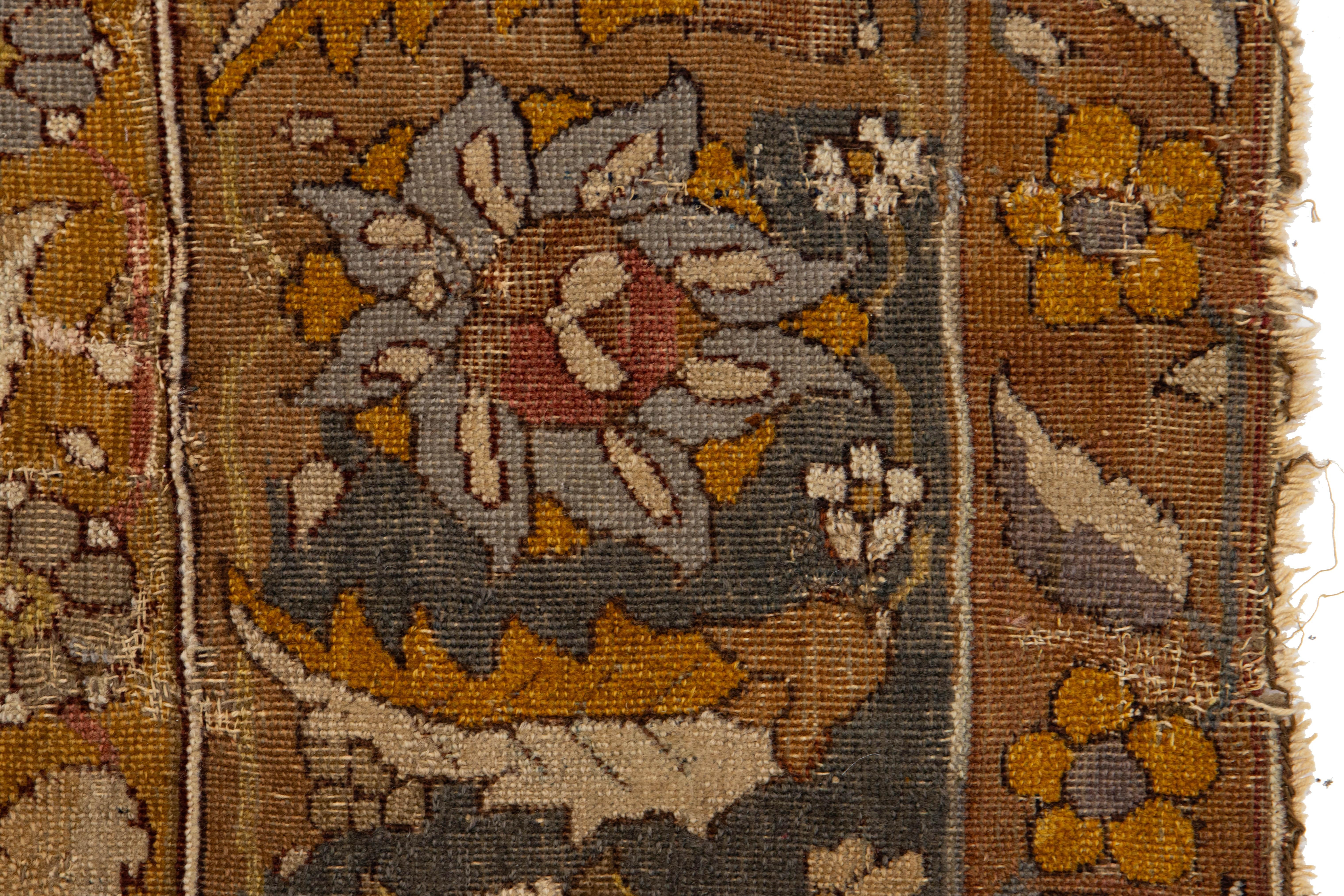 17th Century Unique Handmade Persian Isfahan Brown Wool Rug  With Floral Design For Sale 2