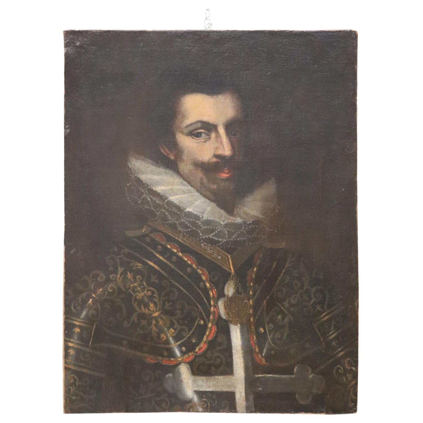17th Century Unknown Artist Portrait of Spanish Soldier, Antique Oil on Canvas