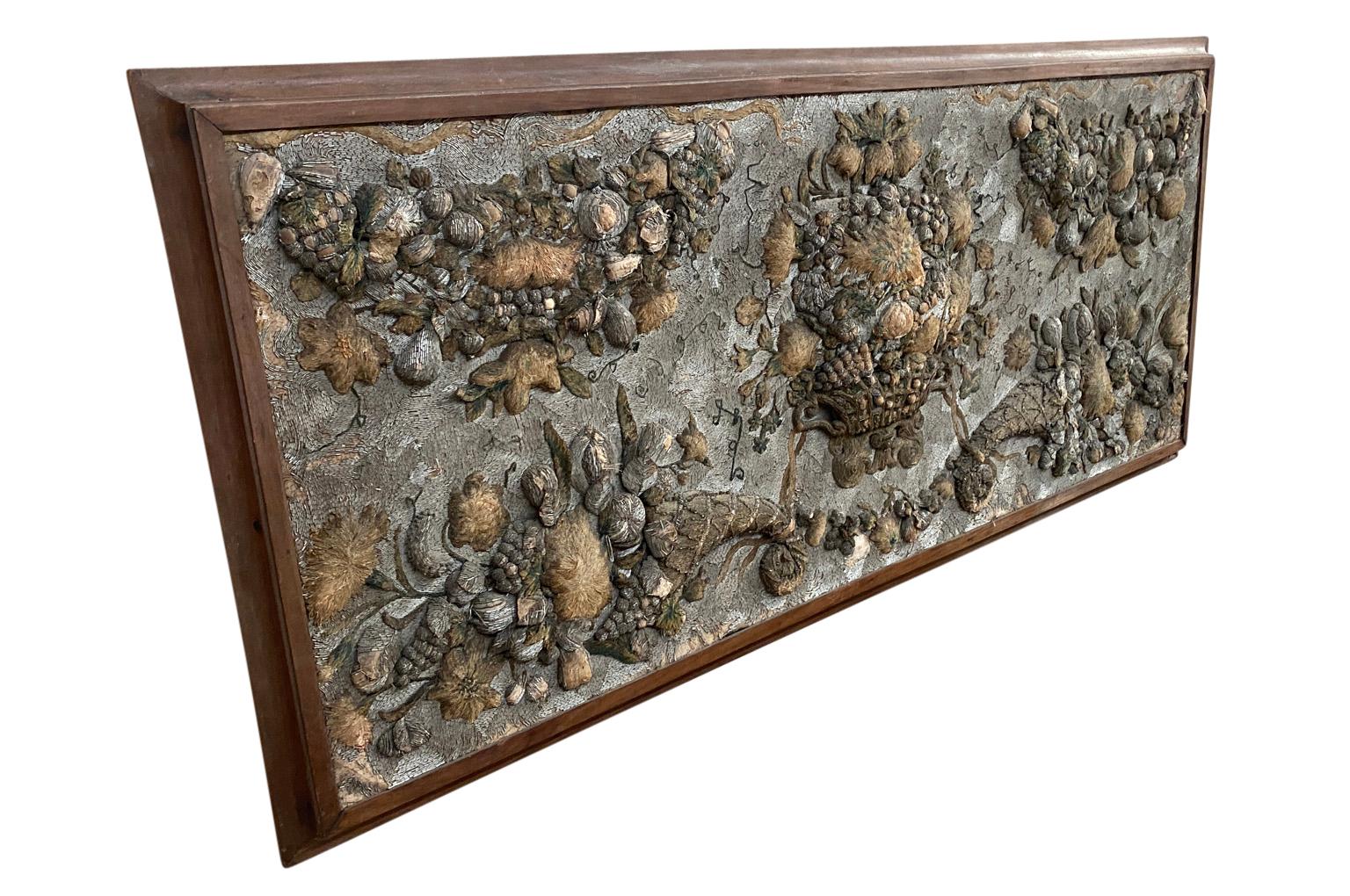 A stunning and monumental 17th century stump work - Embroidery Panel from Venice, Italy. Exquisitely crafted with silks and metallic thread and beading - housed in a wooden frame. A magnificent art piece or perfect incorporated into a headboard.