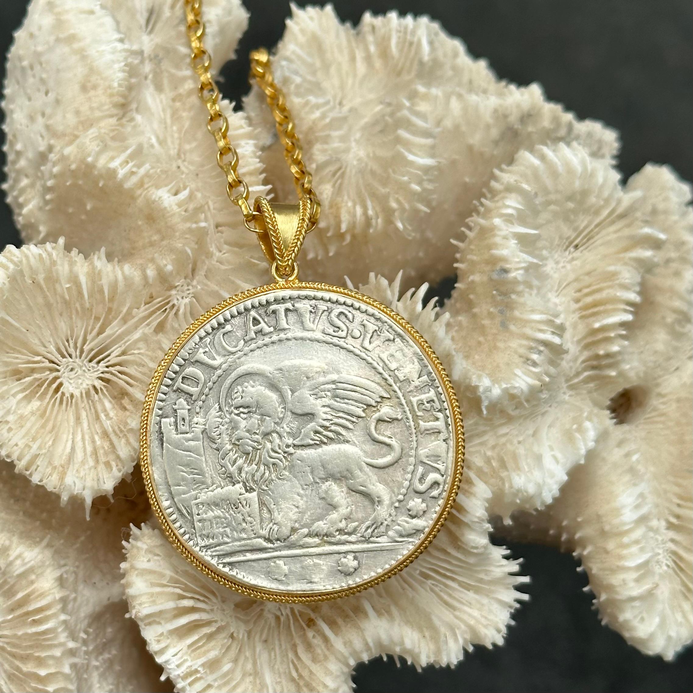 Contemporary 17th Century Venetian Lion of St Mark Silver Coin 18K Gold Pendant 