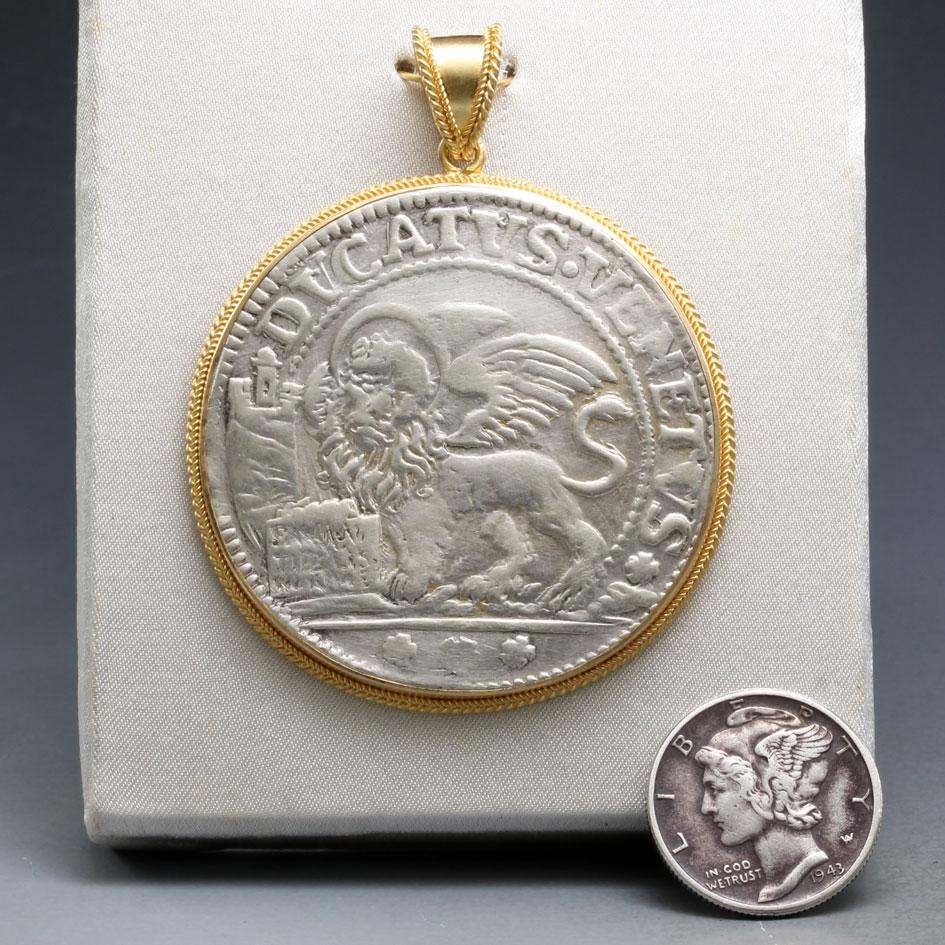 Women's or Men's 17th Century Venetian Lion of St Mark Silver Coin 18K Gold Pendant 