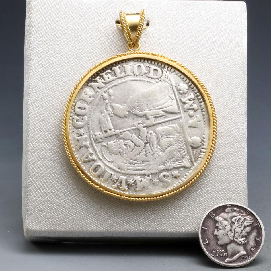 17th Century Venetian Lion of St Mark Silver Coin 18K Gold Pendant  1