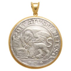 17th Century Venetian Lion of St Mark Silver Coin 18K Gold Pendant 
