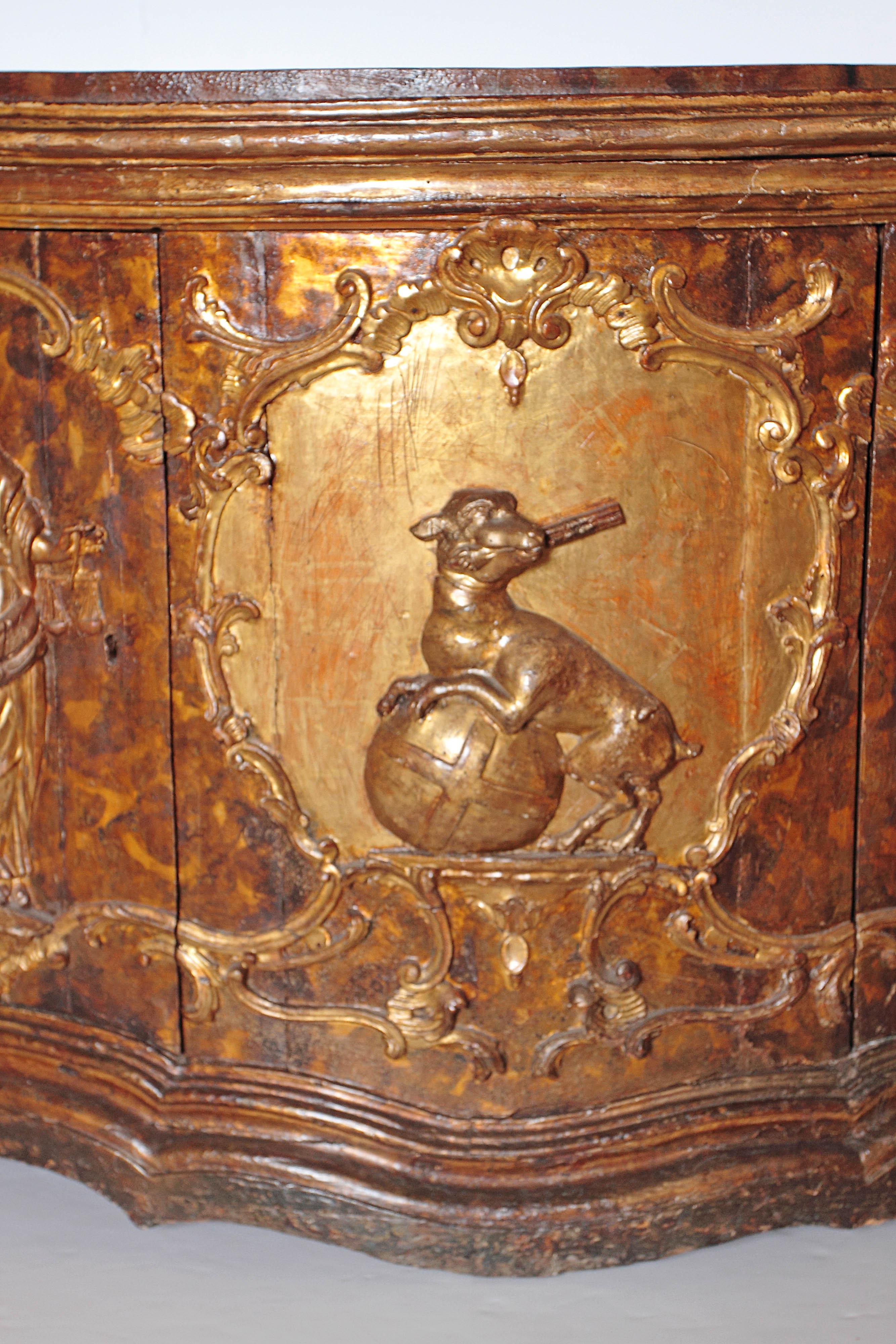 Baroque 17th Century Venetian Vestiary Gilt Cabinet With Faux Marble Top