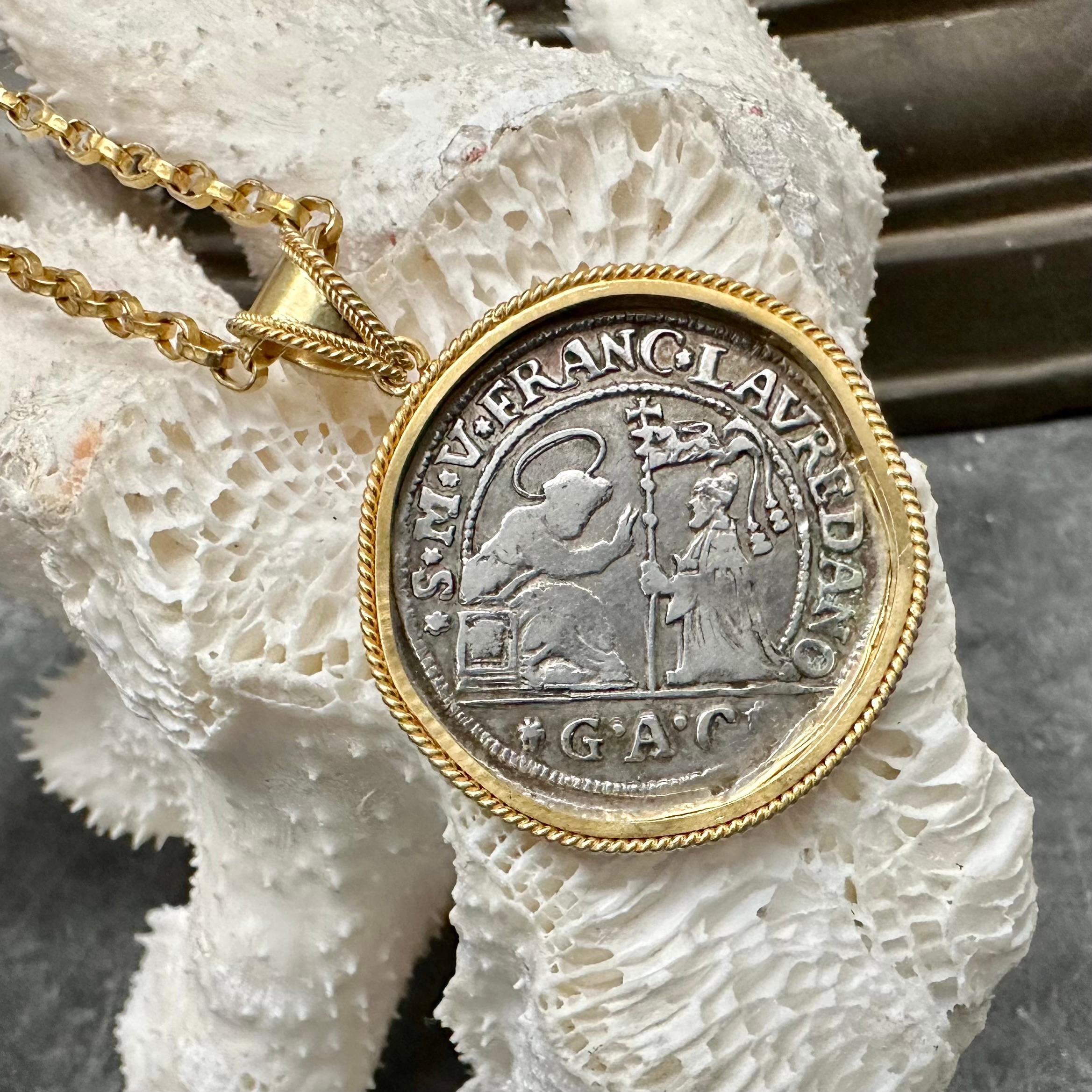 17th Century Venice Lion Silver Quarter Ducato Coin 18K Gold Pendant 5