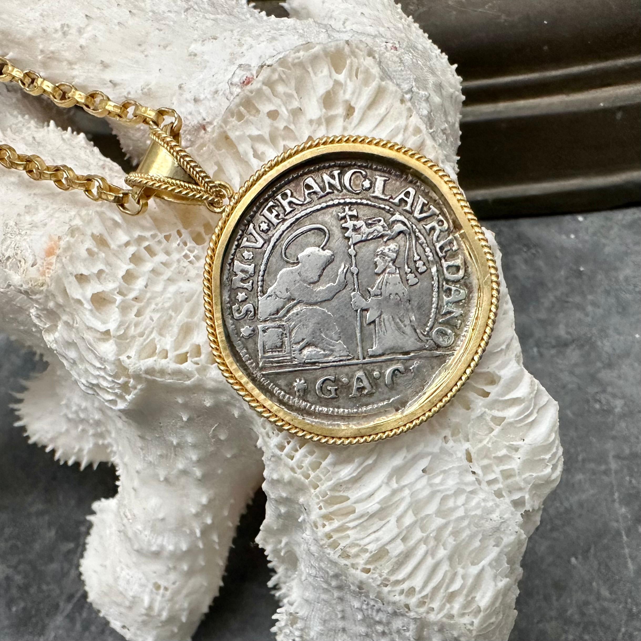 17th Century Venice Lion Silver Quarter Ducato Coin 18K Gold Pendant 6