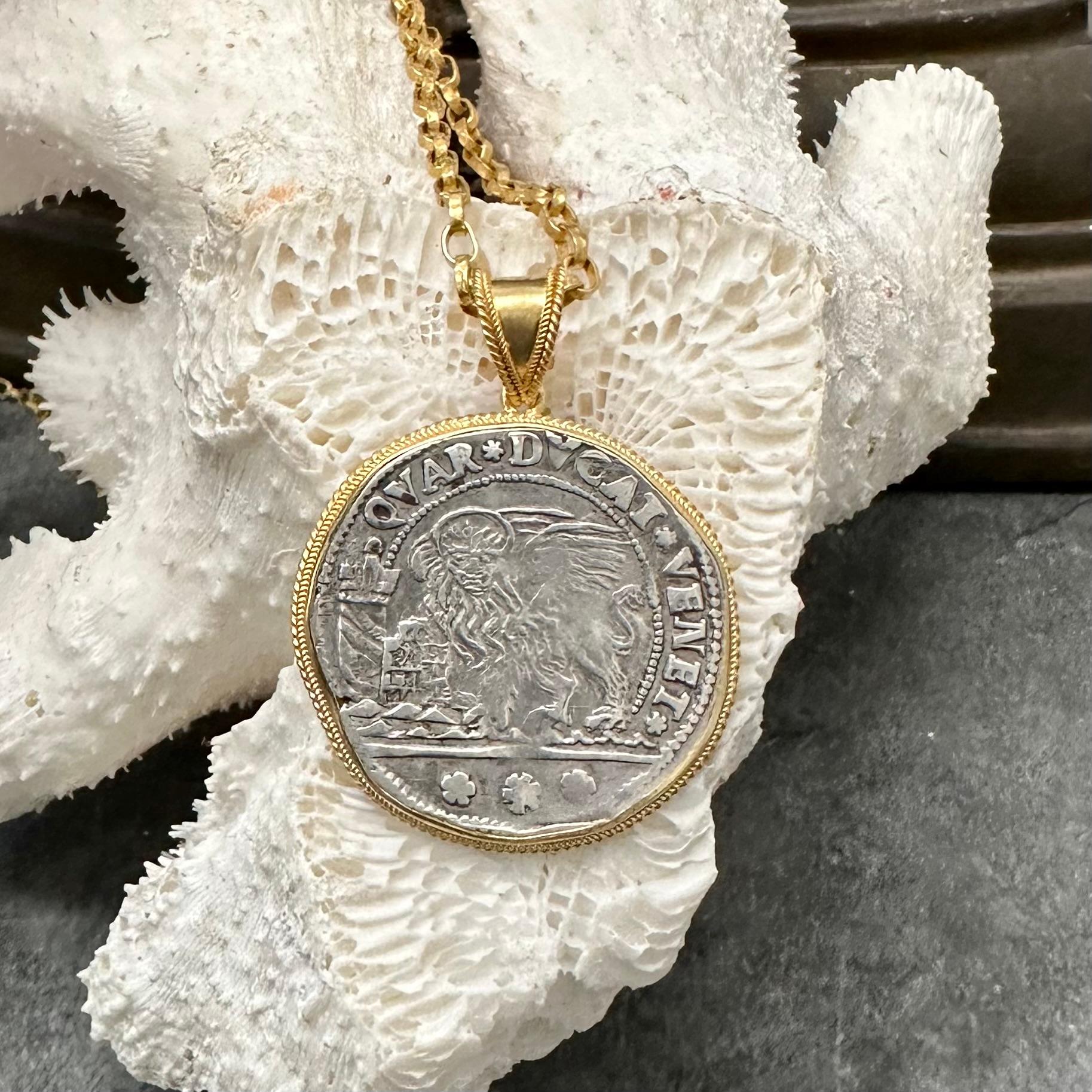 17th Century Venice Lion Silver Quarter Ducato Coin 18K Gold Pendant 7