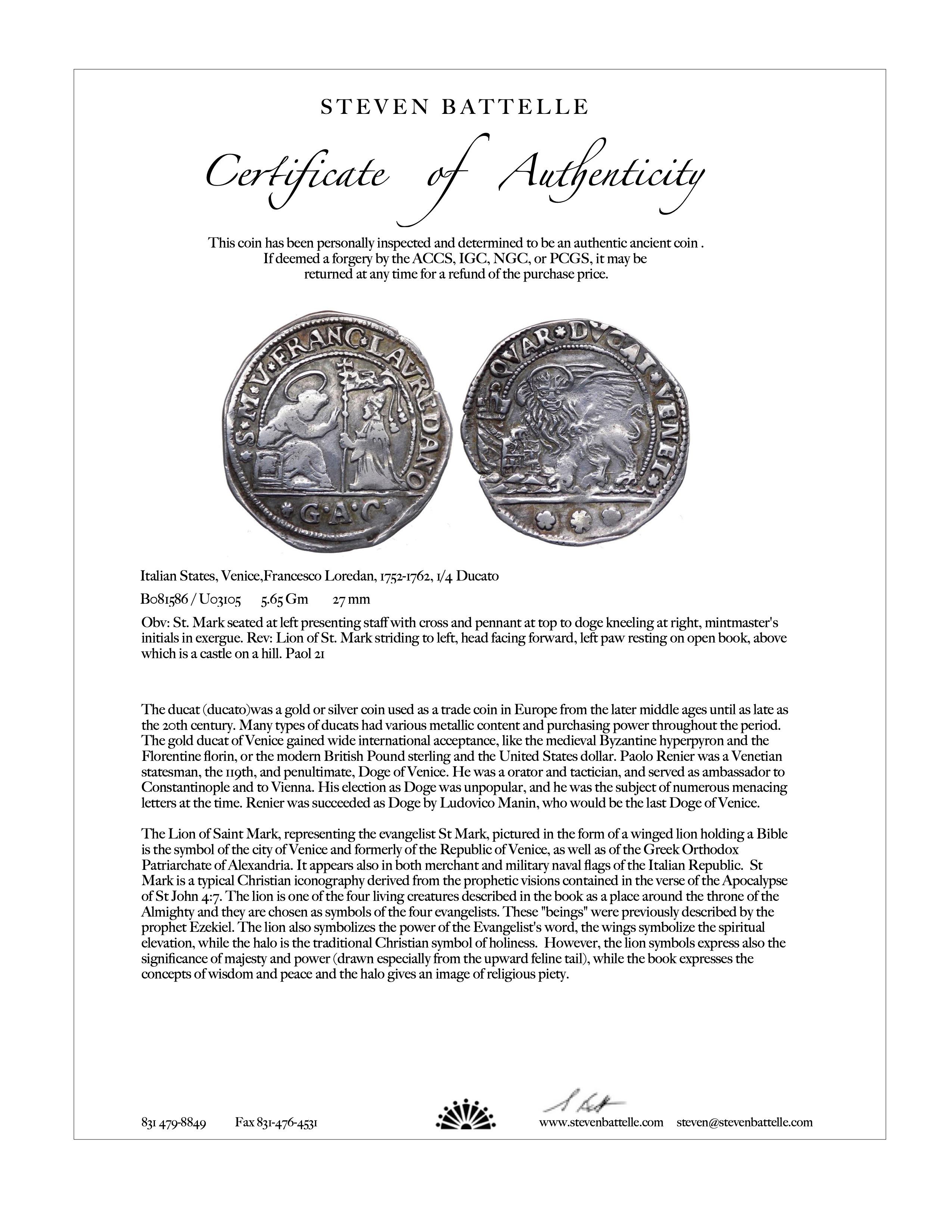 17th Century Venice Lion Silver Quarter Ducato Coin 18K Gold Pendant 8