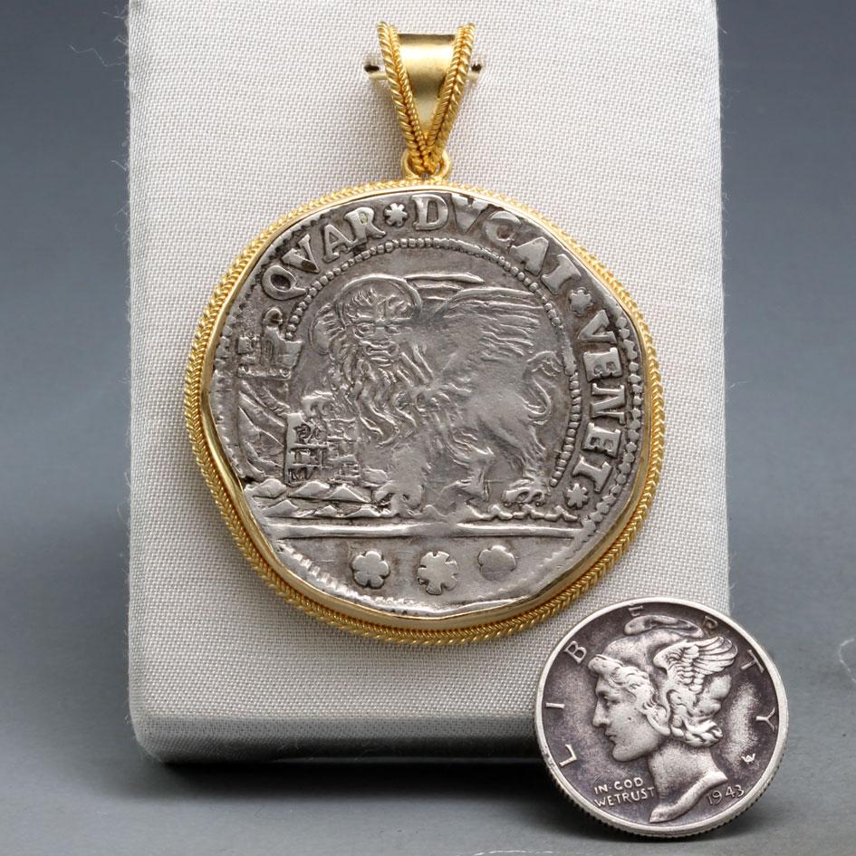 Contemporary 17th Century Venice Lion Silver Quarter Ducato Coin 18K Gold Pendant