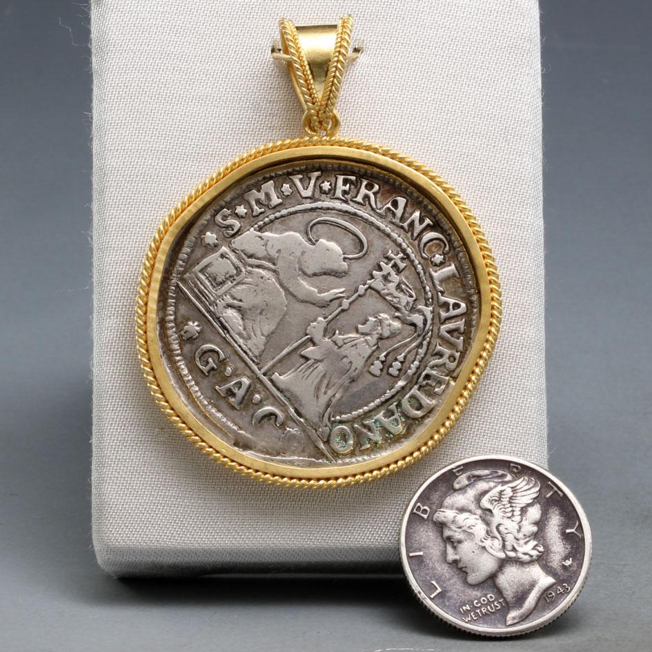 17th Century Venice Lion Silver Quarter Ducato Coin 18K Gold Pendant In New Condition In Soquel, CA