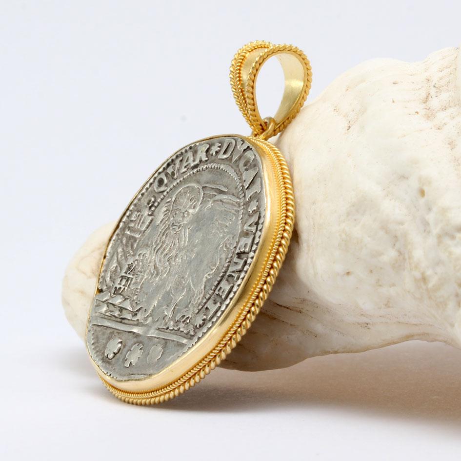 Women's or Men's 17th Century Venice Lion Silver Quarter Ducato Coin 18K Gold Pendant