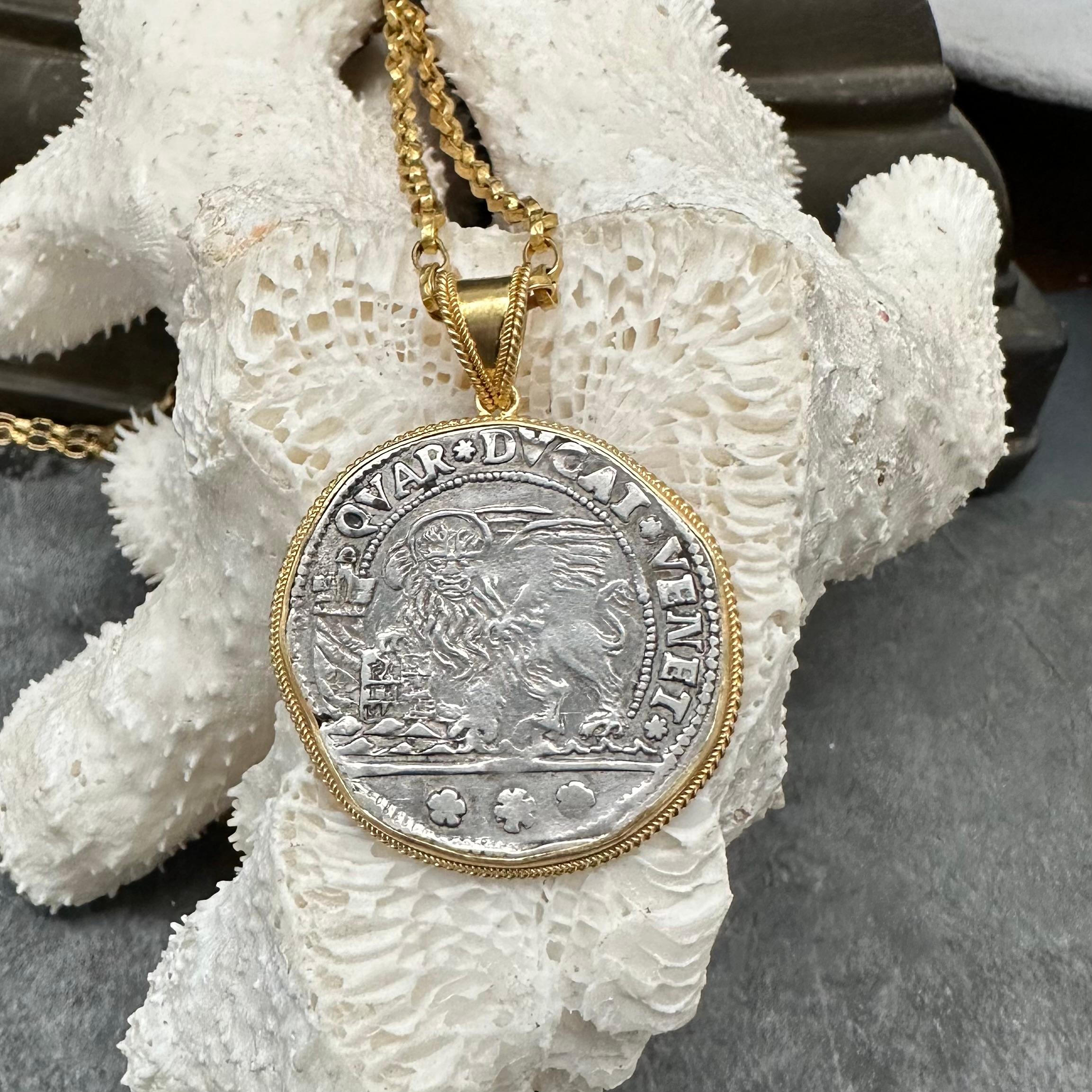 Women's or Men's 17th Century Venice Lion Silver Quarter Ducato Coin 18K Gold Pendant