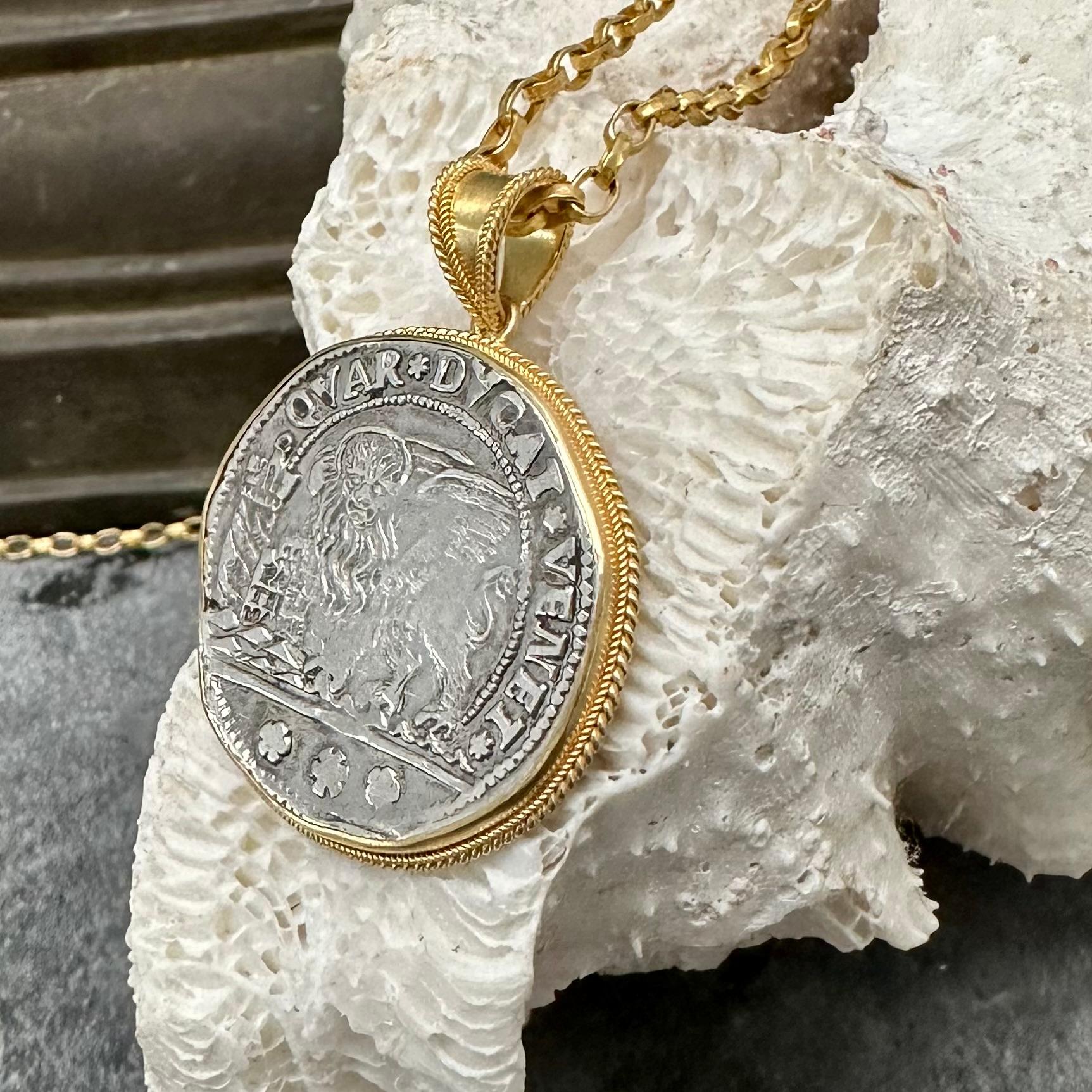 17th Century Venice Lion Silver Quarter Ducato Coin 18K Gold Pendant 2