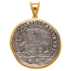 17th Century Venice Lion Silver Quarter Ducato Coin 18K Gold Pendant