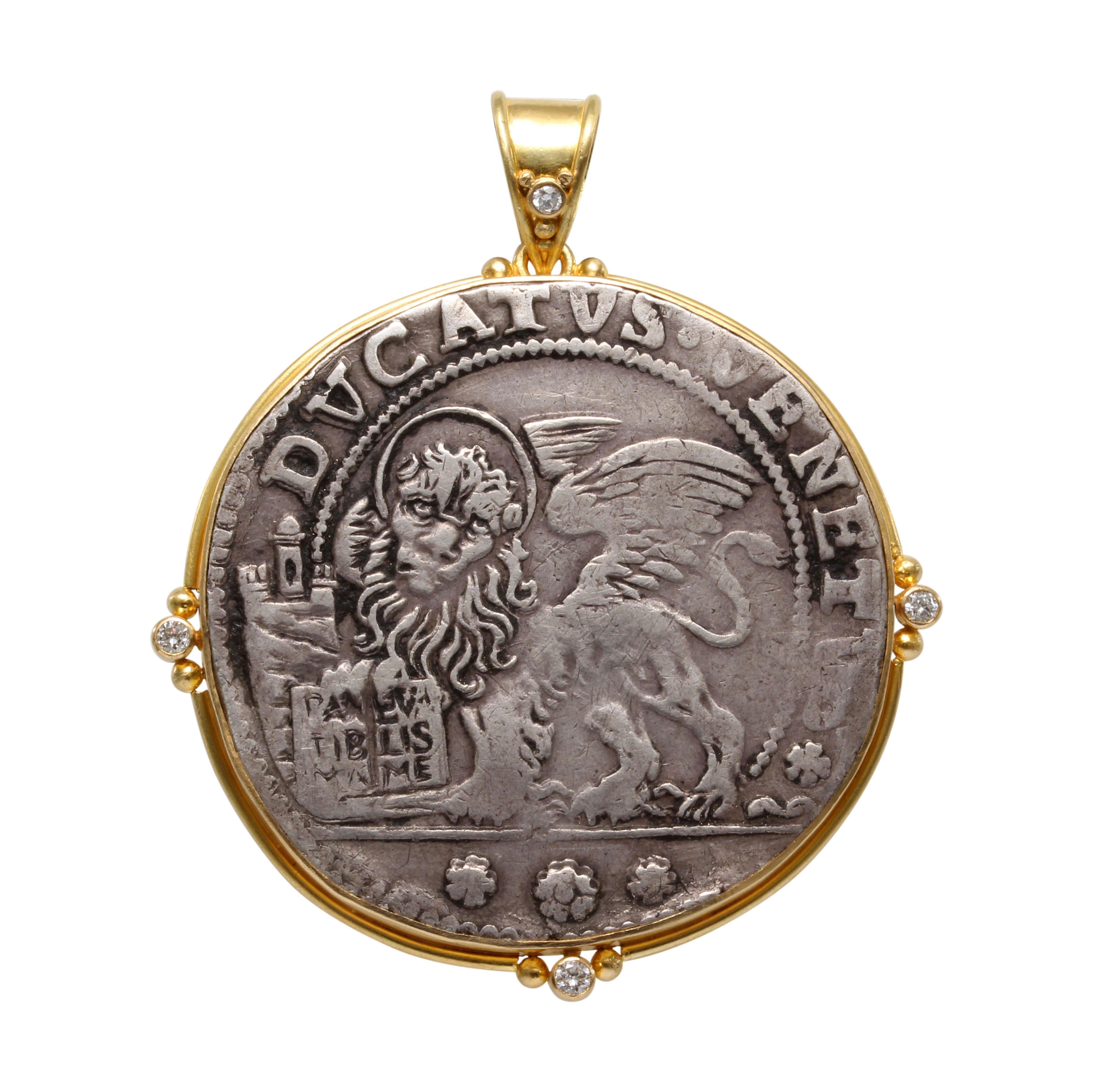 17th Century Venice Lion of St Mark Coin Diamonds 18K Gold Pendant