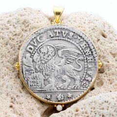 17th Century Venice Lion of St Marks Coin Diamond 18K Gold Pendant